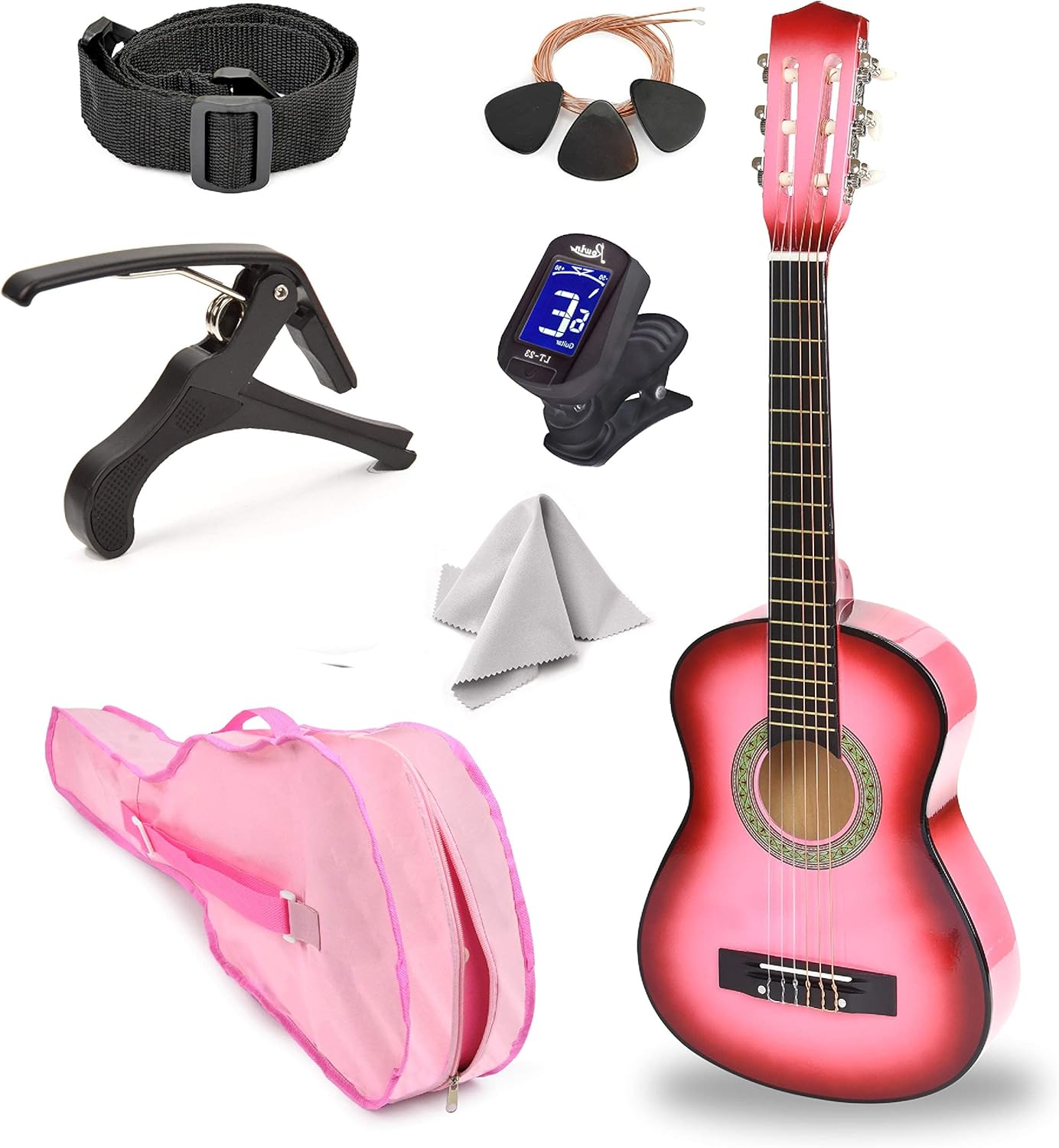 Left Handed Wood Guitar with Case and Accessories for Boys/Girls/Teens/Beginner 38" (Pink Gradient) Left Handed Pink Gradient