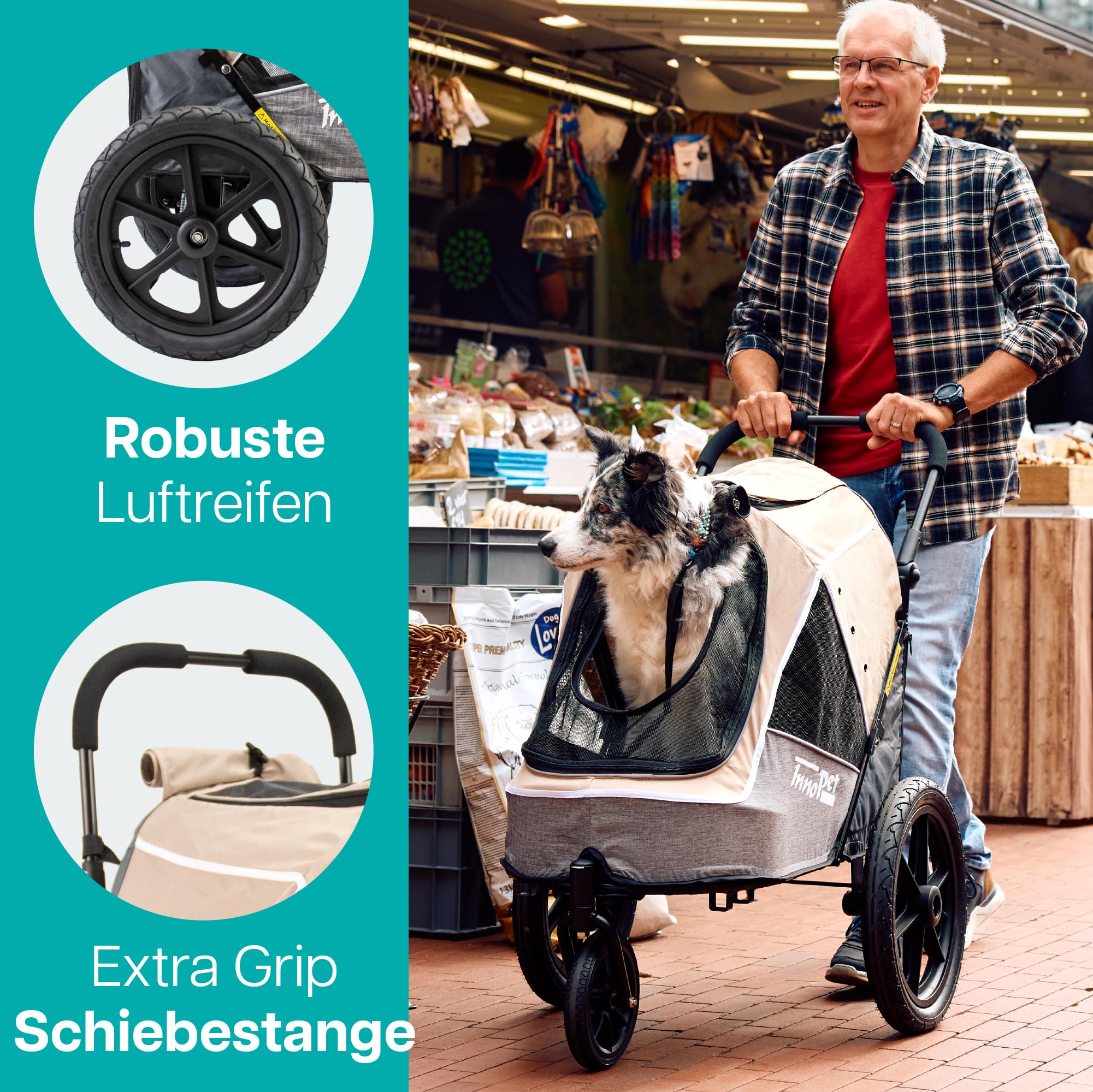 Hundebuggy und Fahrradanhänger für Hunde - Innopet Sporty Evolution Latte 2-in-1 - Beige/Grau - Reflektoren & Sicherheitsleinen - Hundewagen für alle Untergründe