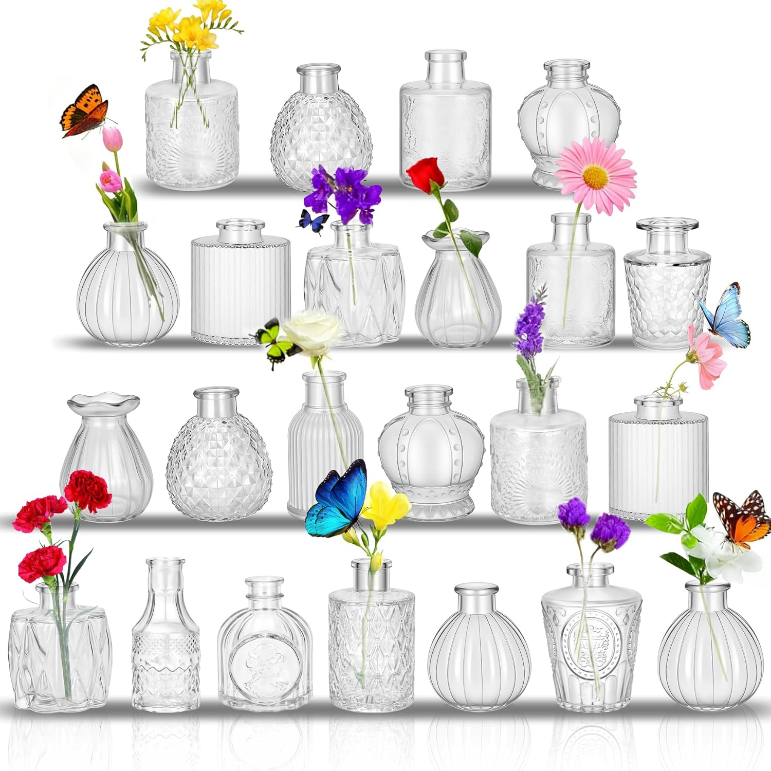 Glass Bud Vases in Bulk Set of 23, Transparent Clear Small Mini Glass Vases for Cen...