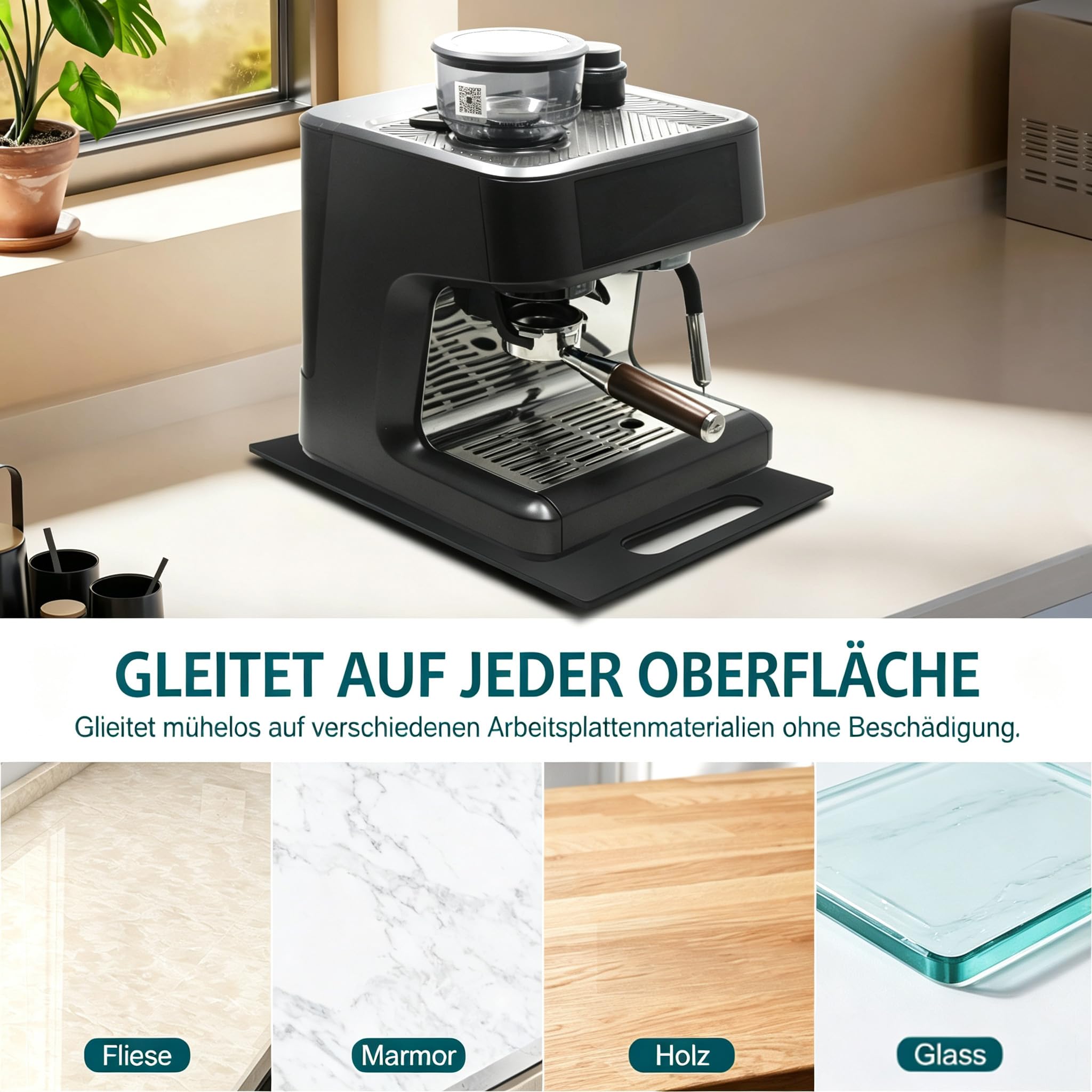 Tavola scorrevole in acrilico per macchina da caffè automatica, ruote a 360° con manico (33 x 40 cm)