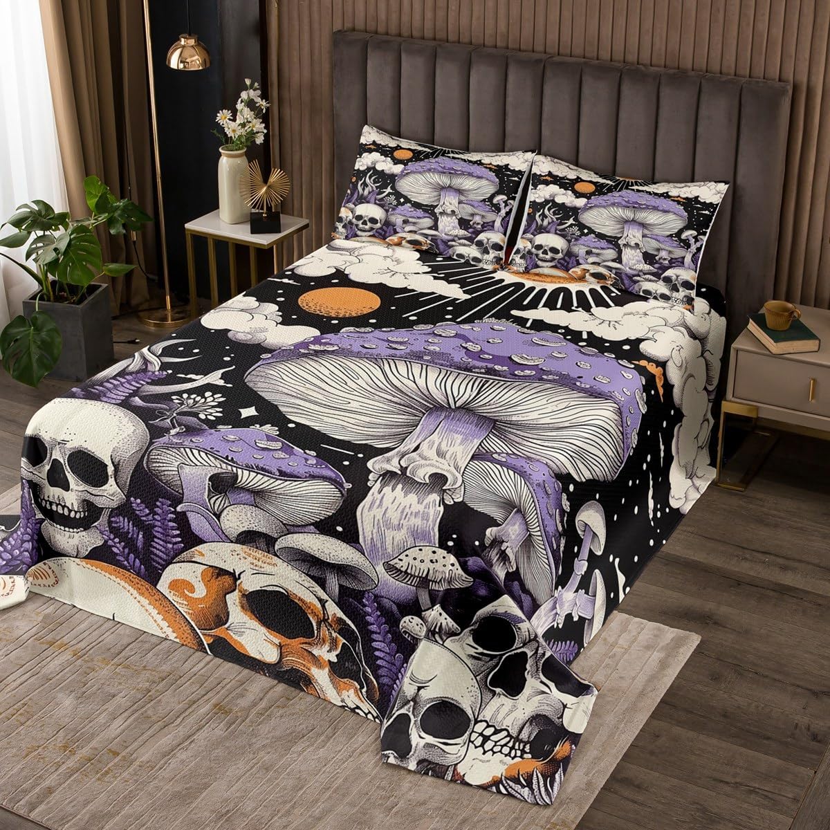 jejeloiu Mushroom Coverlet Set Colorful Gradient Mushroom Bedspread for Kids Boys Girls Botanical Plant Bedspread Galaxy Quilted Bedroom Collection 3Pcs Queen Size