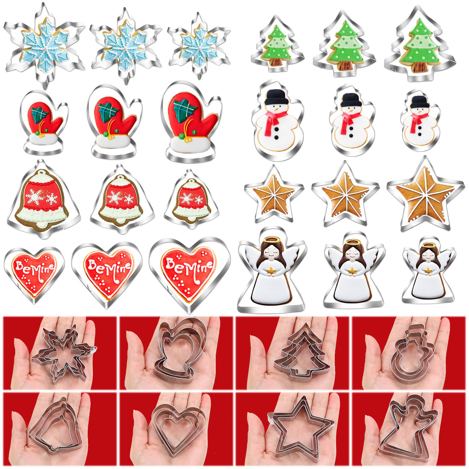 Lezmarket Juego de cortadores de galletas de Navidad, 24 piezas de 8 formas de invierno en 3 tamaños, cortador de galletas de metal de acero inoxidable, muñeco de nieve, árbol de Navidad, copo de