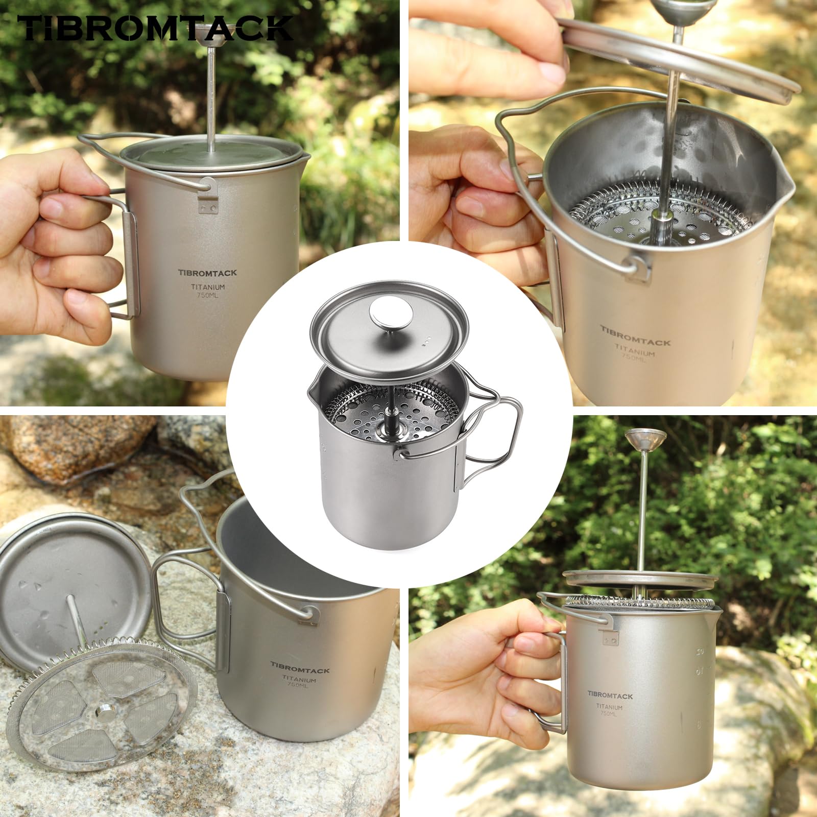 Cafetière à piston française en titane, 205 g, légère GR1 en titane pur, portable, pour camping, voyage, filtre réutilisable pour l'extérieur, thé et boissons chaudes, passe au lave-vaisselle