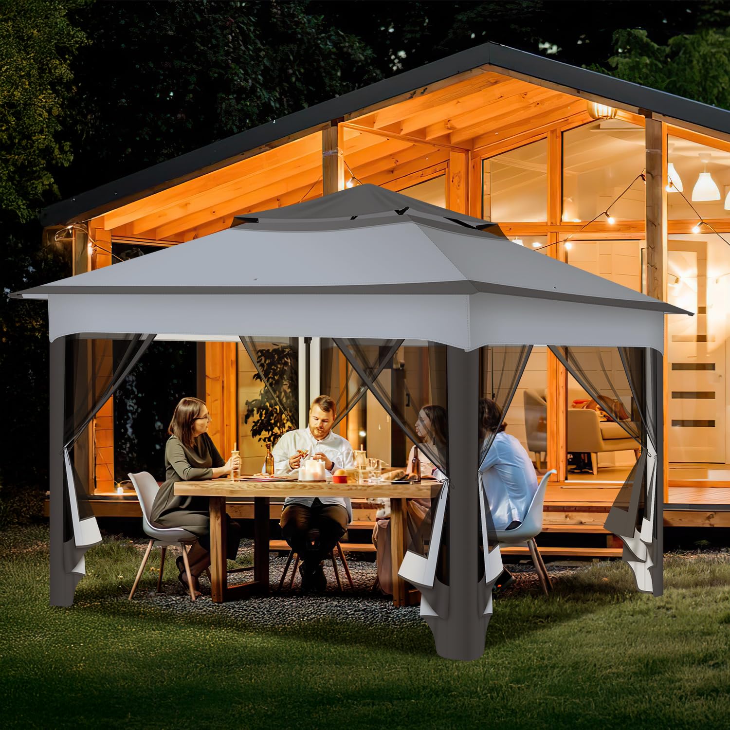 Fiqops Gazebo da giardino, 3 x 3 m, impermeabile, stabile, con telaio in metallo, per 2-4 persone, colore beige