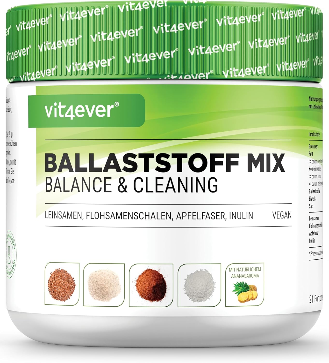 Combinatie van voedingsvezels – 400 g poeder met psylliumschillen, inuline (prebioticum), appelvezels, lijnzaad – Rijk aan voedingsvezels – Veganistisch – Met natuurlijk ananasaroma