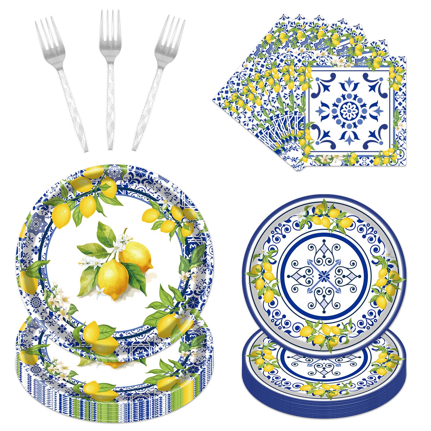 Rakuto Lemon Party Plates Supplies - 96PCS Lemon Party Decorations Supplies Tiles Yellow Lemon Party Paper Plates Napkins Fork Tableware Summer Fruit