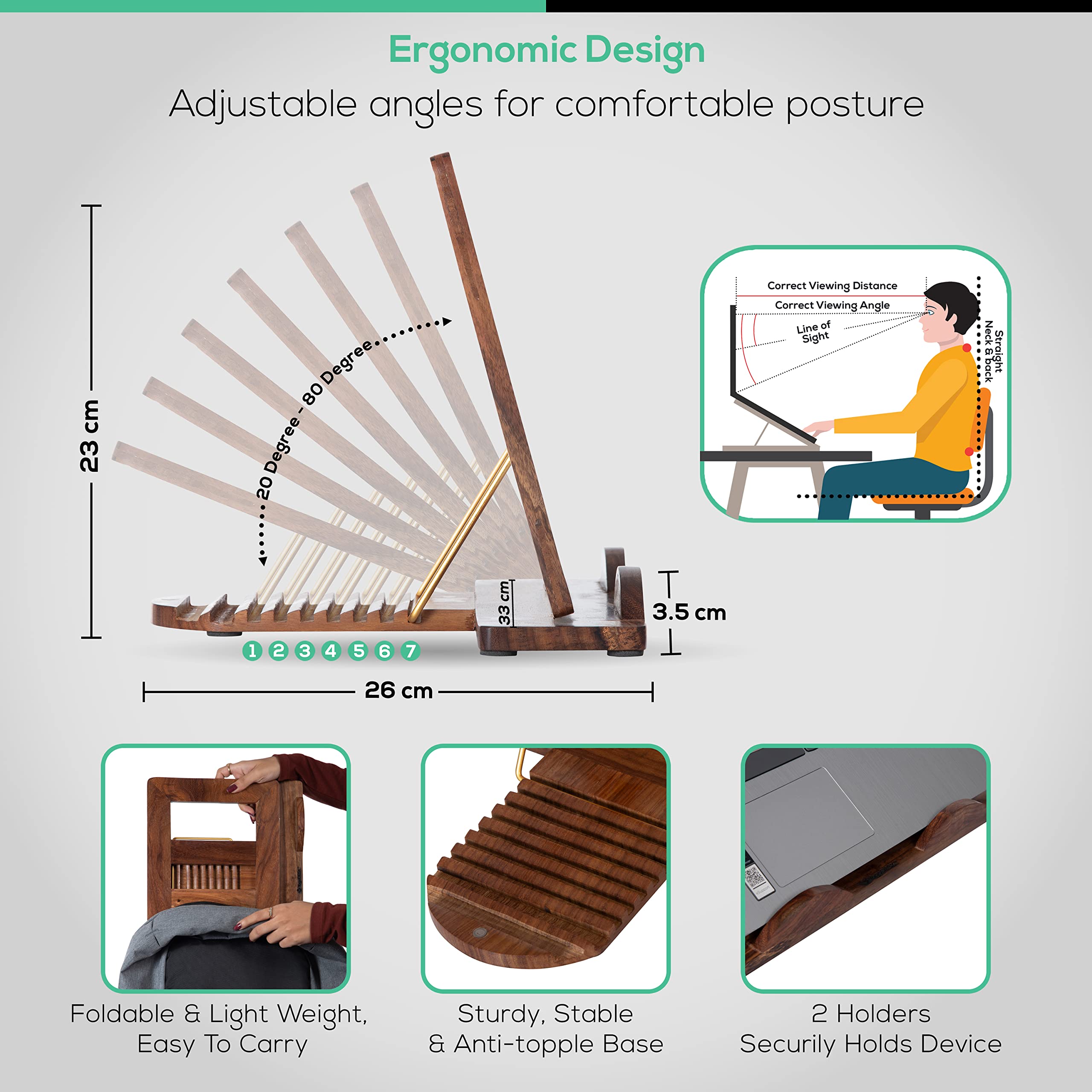 Elevador de madera plegable y ajustable para laptop, soporte ergonómico de madera de mango para MacBook, soporte portátil multiángulo para portátiles y tabletas de 7.9 a 12.9 pulgadas