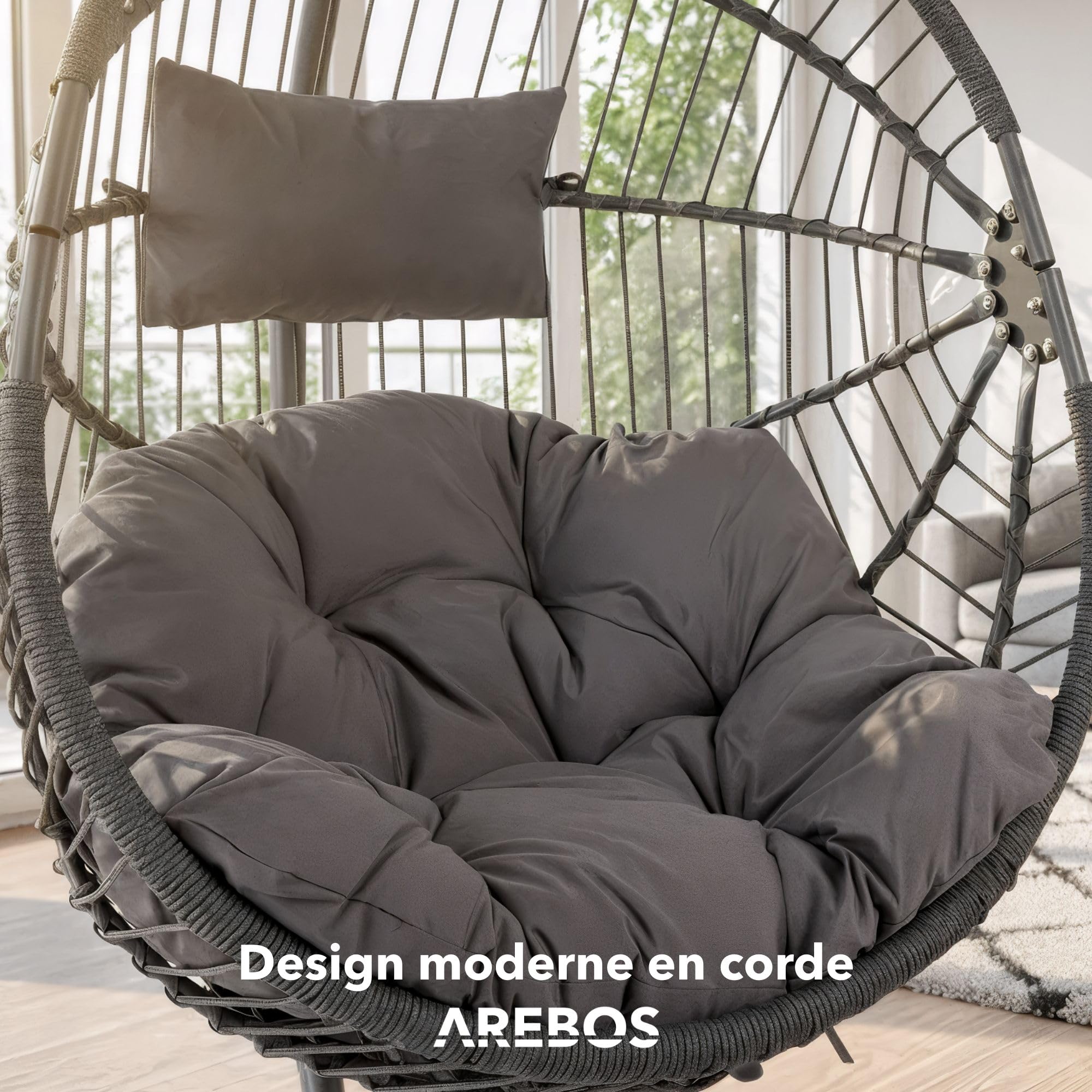 Arebos Fauteuil Suspendu avec Armature | Fauteuil Œuf Autoportant pour Jardin & Balcon | Hauteur Réglable 160–180 cm | Cadre en Acier Jusqu’à 130 kg | avec Coussins d’Assise et de Nuque