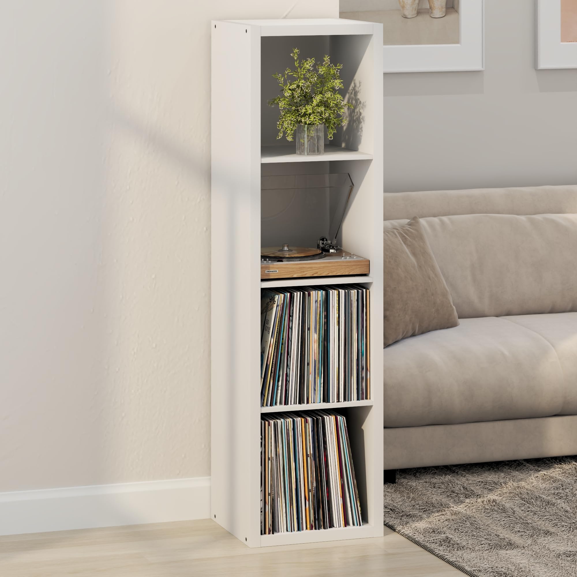 Furinno CUBICLE Mobile per Giradischi con Raccoglitore per Vinili, 4-Cube 1.2 Extra Spesso Raccoglitore per Dischi in Vinile, Scaffale Multimediale Aperto sul Retro per CD DVD Dischi, Bianco