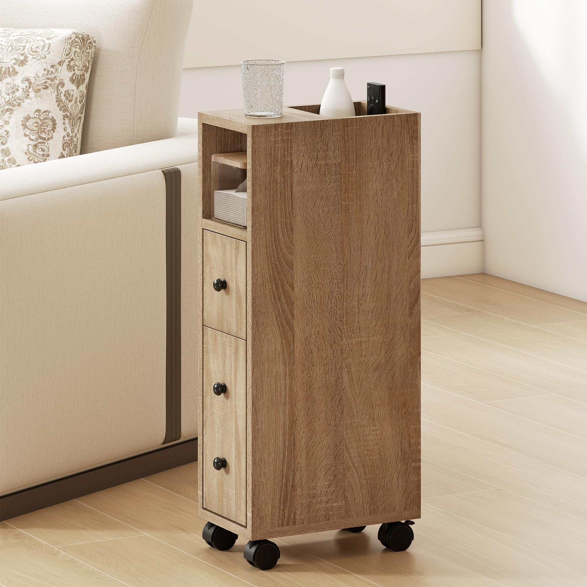 kleankin Armario de Baño con 4 Ruedas Mueble Auxiliar para Baño con Estante Abierto Puerta y Cajón para Espacio Reducido 18x30x68,5 cm Roble