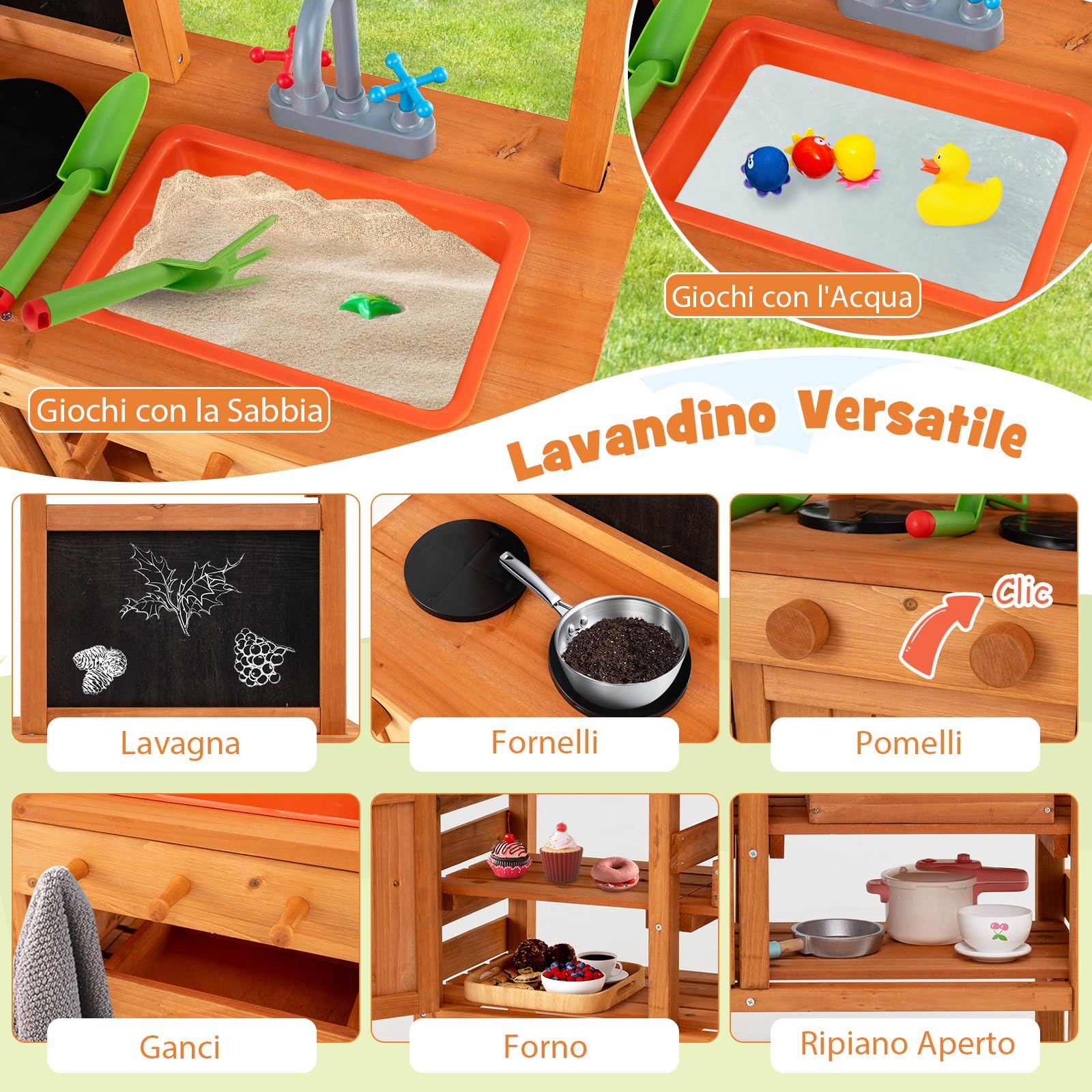 RELAX4LIFE Cucina Giocattolo per Bambini, Cucina da Esterno in Legno con Lavagna, Fornelli, 4 Vasi per Piante, Tenda Regolabile in Altezza, Gioco d'imitazione per Bambini 3+ Anni