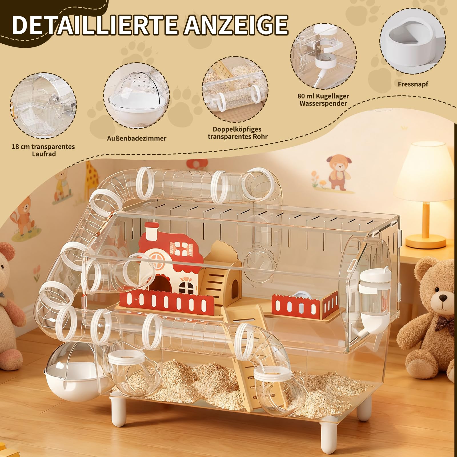 Jaula para hámster túnel de lujo, diseño panorámico transparente de acrílico, valla de bricolaje para animales pequeños con accesorios completos, jaula de madera estilo jardín para ardillas