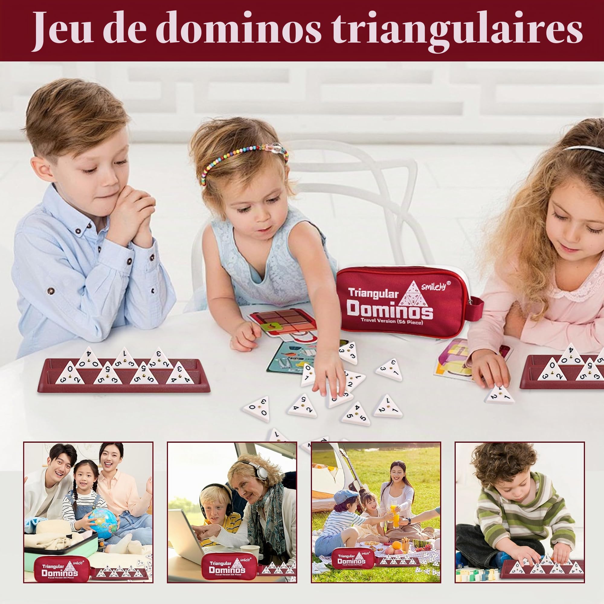 Smilejoy Domino triangulaire, 56 pièces de domino. 2-4 joueurs
