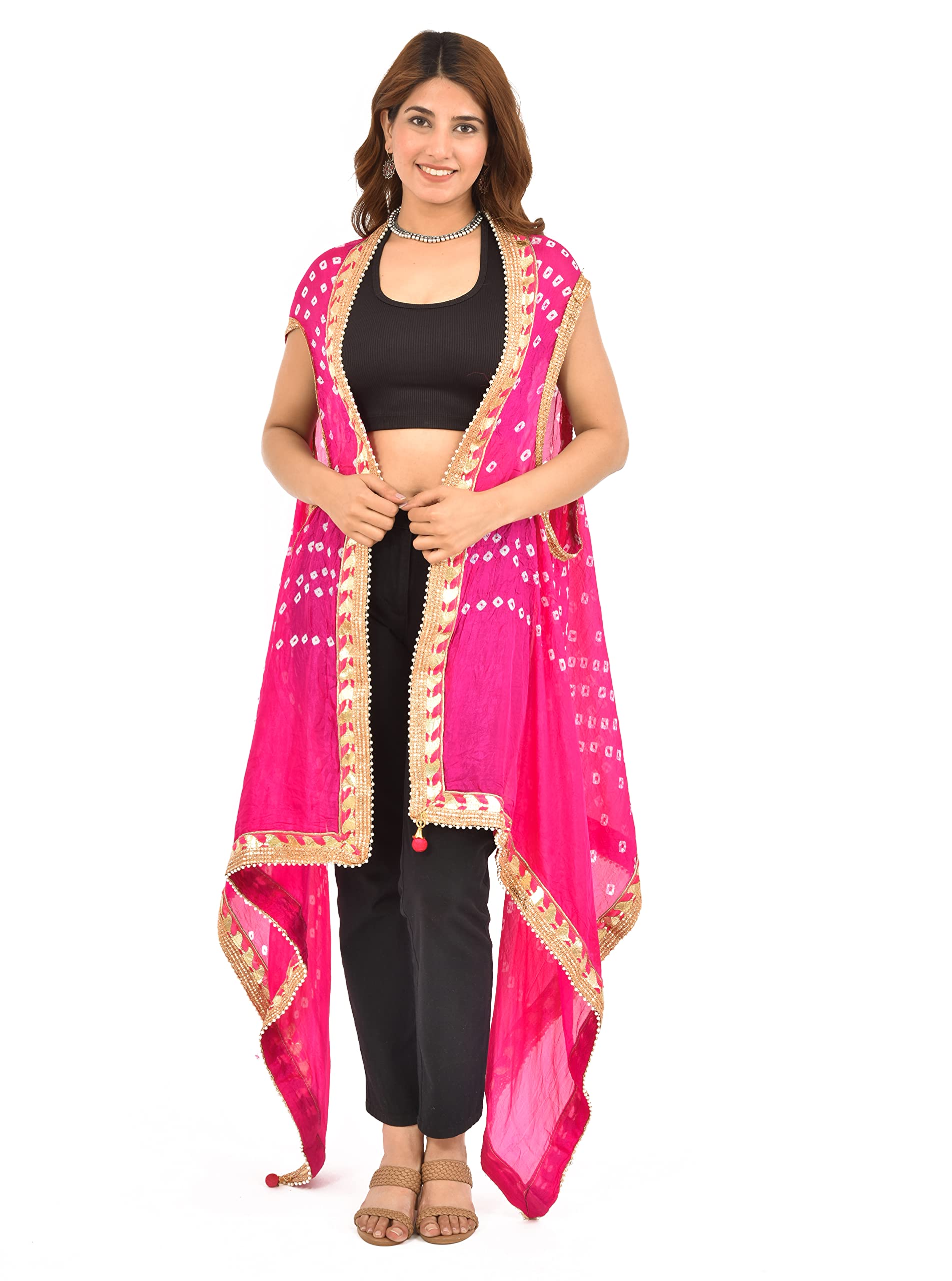 tmt hub Jaipuri Rajasthani Shrug Women Silk Bandhani Bandhej Multi-Colored Heavy Dupatta shrug style with Gota Work and latkan-picture-12