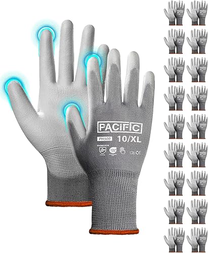 Vista 16 de PACIFIC PPE Guantes de trabajo con revestimiento de poliuretano, 18 pares, guantes de trabajo para pantalla táctil para hombres y mujeres, guantes
