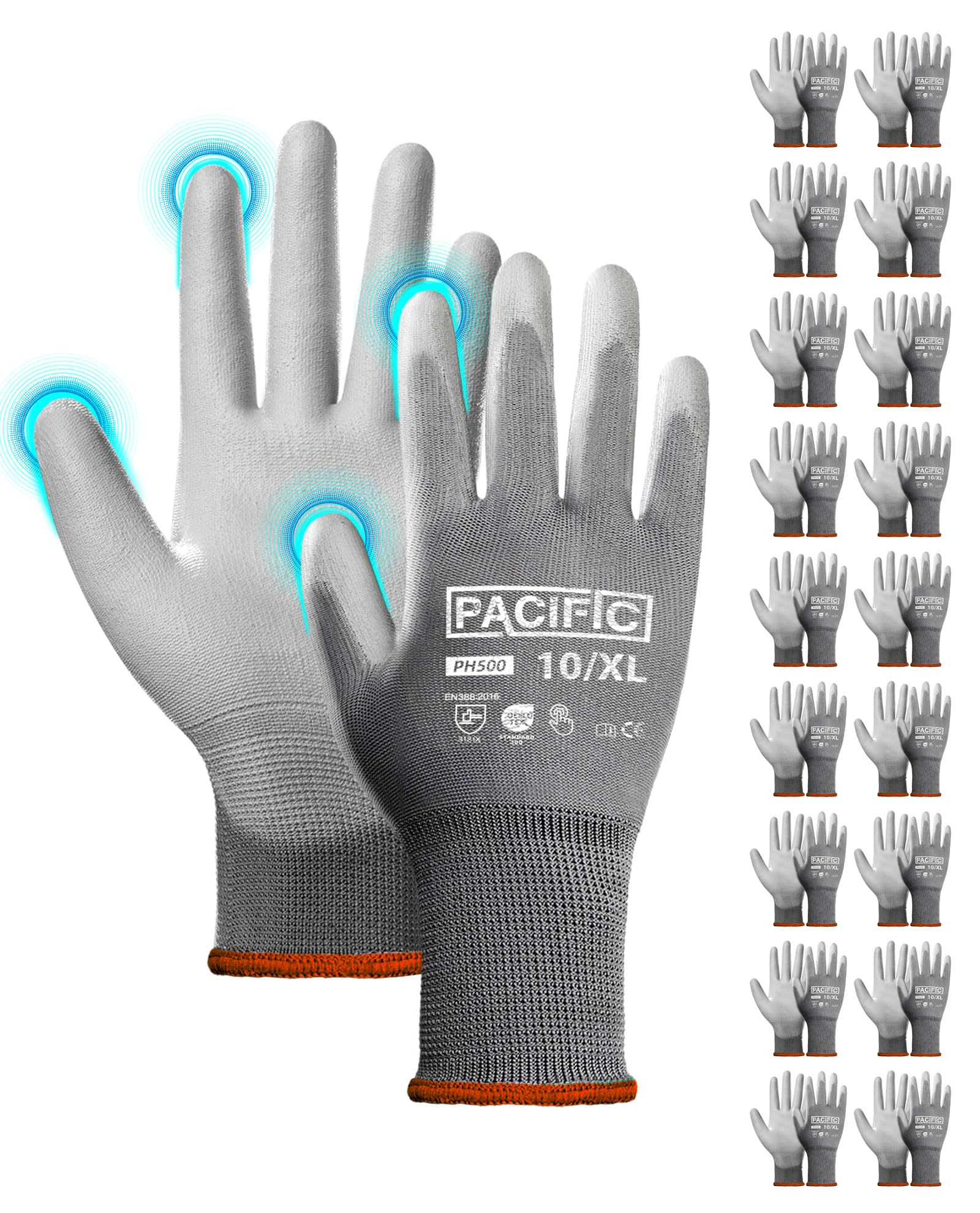 PACIFIC PPE 18 Pairs Work Gloves, PU Coated Seamless Knit Gloves, Touchscreen Safety Gloves with Grip, Ideal for General Duty Work, Men and Women,