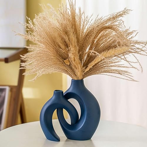 Miniatura 5 de Lvases Juego de 2 jarrones de cerámica negro mate para decoración moderna de estantes, jarrones de flores estéticos de pampas de estilo bohemio