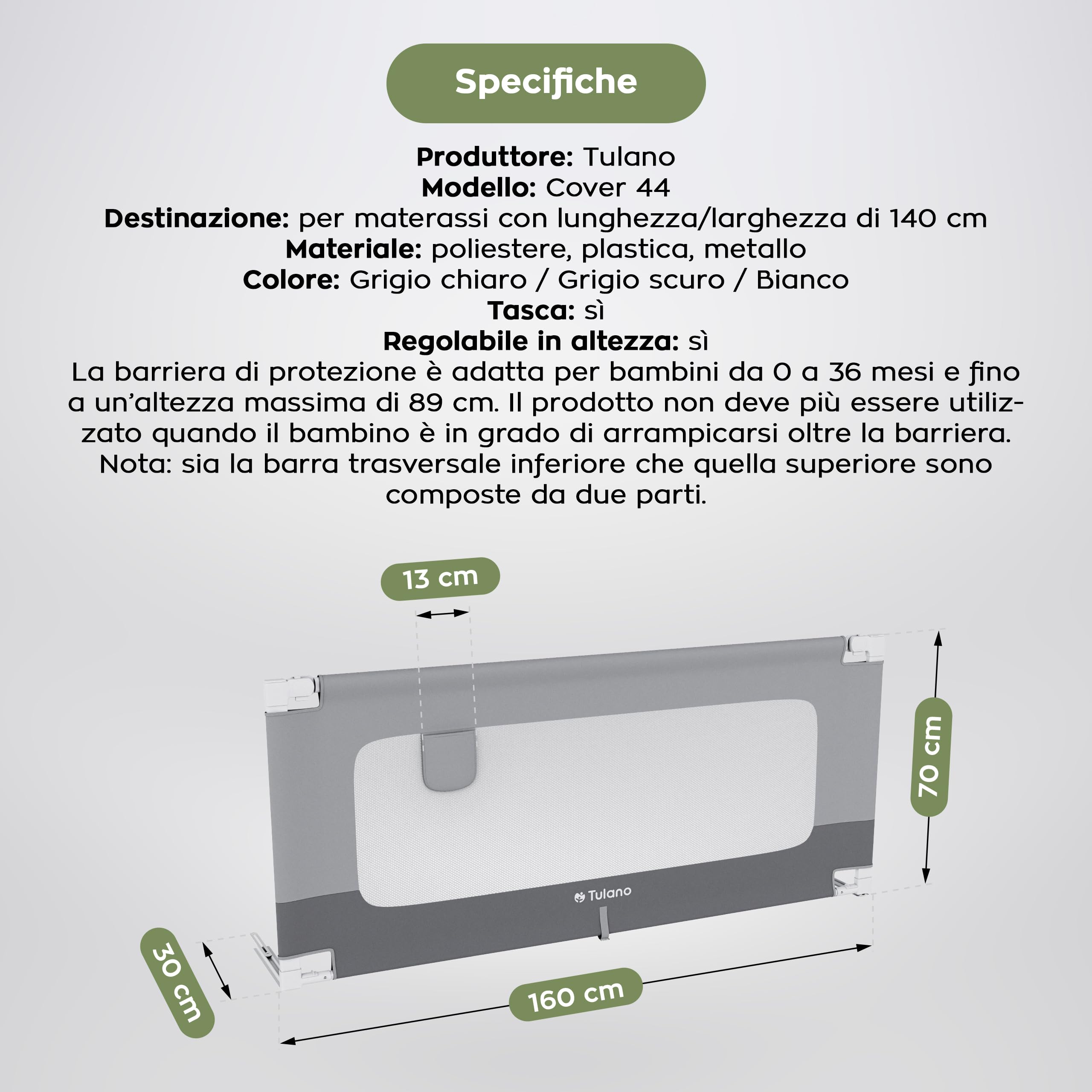 TULANO Cover 46 Barriera di sicurezza letto 160x70 cm – 18 livelli regolazione altezza – per materassi 10-28 cm – tessuto traspirante – angoli arrotondati – facile montaggio – grigio