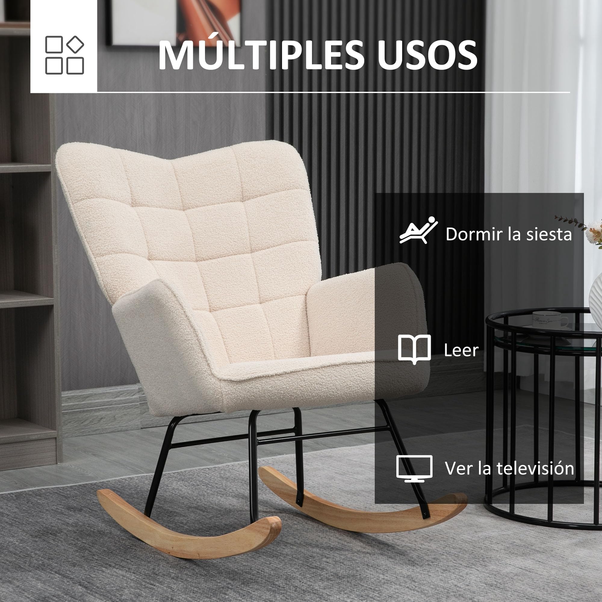 HOMCOM Mecedora de Borreguito Silla Mecedora con Patas de Madera de Haya y Marco de Acero Carga 120 kg para Dormitorio Salón Beige