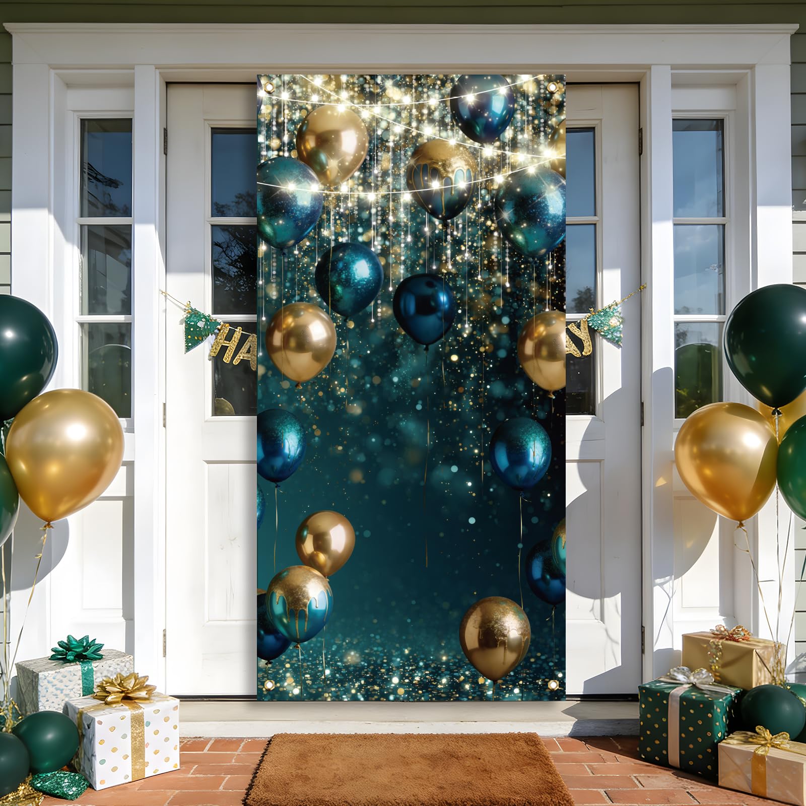 arricraft 1 Pc Gold and Blue Background Door Cover, Balloons Fine Sparkles Pattern Backdrop Banner Decoration for Indoor Outdoor Porch Home Decor Accessories