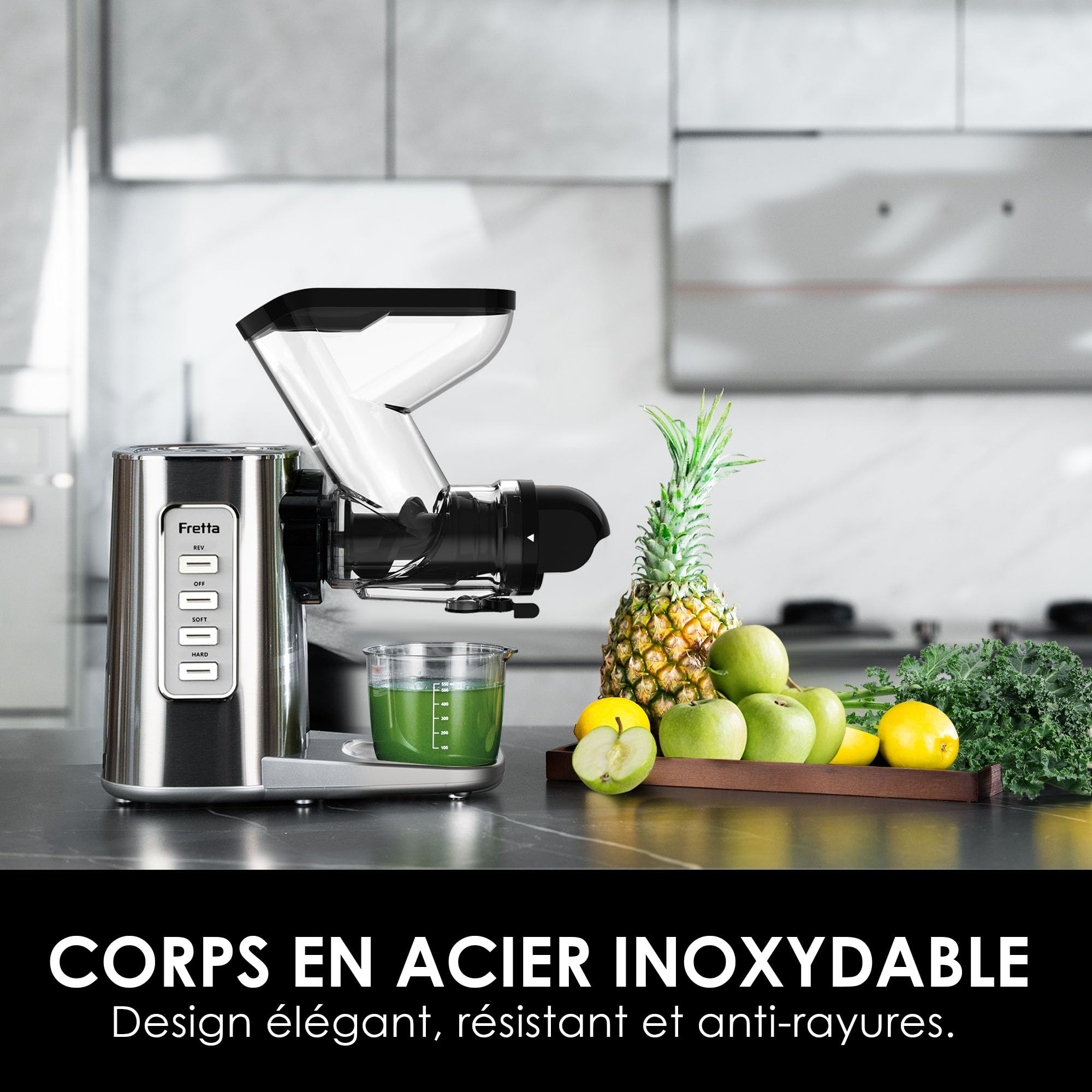 Fretta Extracteur de Jus à Pression à Froid, Goulotte 76 mm, Presse-agrumes sans BPA, Acier Inoxydable