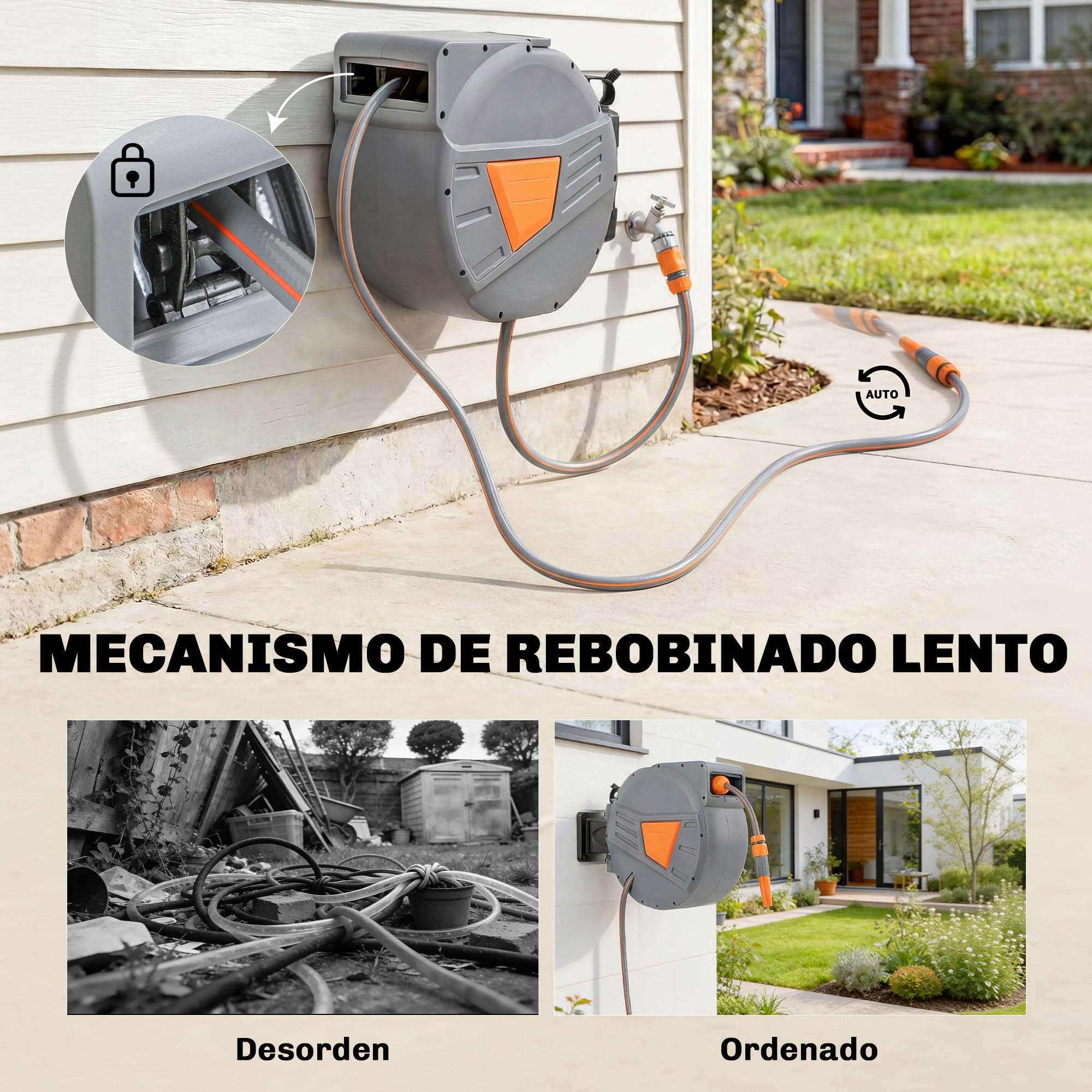 Outsunny Enrollador de Manguera para Jardín 20+1,6 m con Boquilla de 2 Modos, Carrete de Manguera de Jardín de Pared con Bloqueo Automático y Retracción Controlada, Soporte Orientable 180°, Naranja