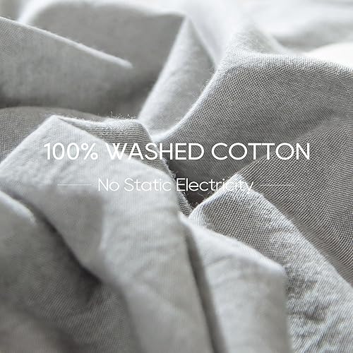Miniatura 2 de OS OMYSTYLE Funda de edredón gris claro, tamaño Queen, 100% algodón lavado con textura similar al lino para todas las estaciones, juego de ropa de