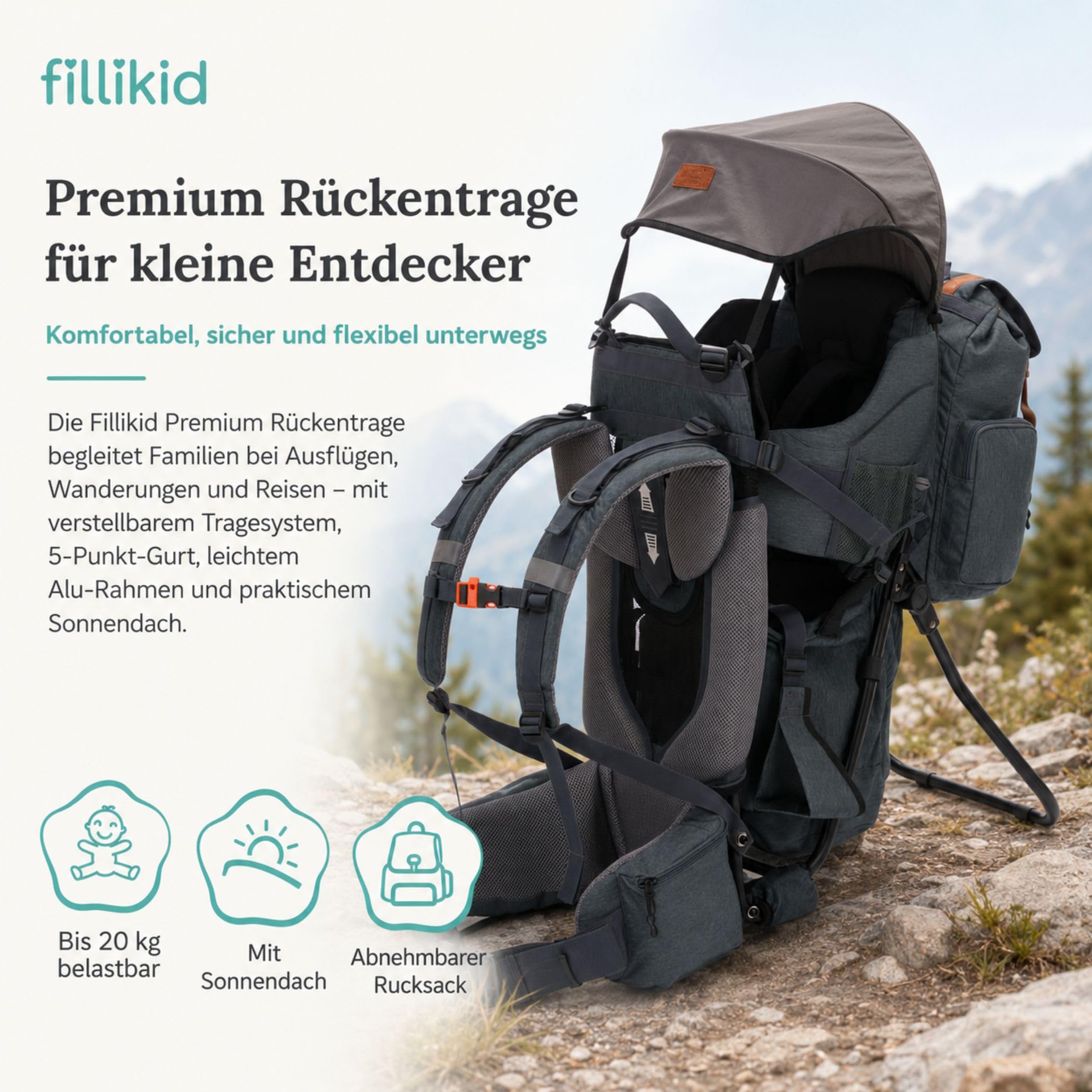 Fillikid Premium Babytrage Rückentrage Baby | Rücken Babytrage mit Sonnendach & großen Staufächern | Kraxe zum Wandern mit Baby Kleinkind | Tragesitz bis 20 kg | Kindertrage Ultra leicht