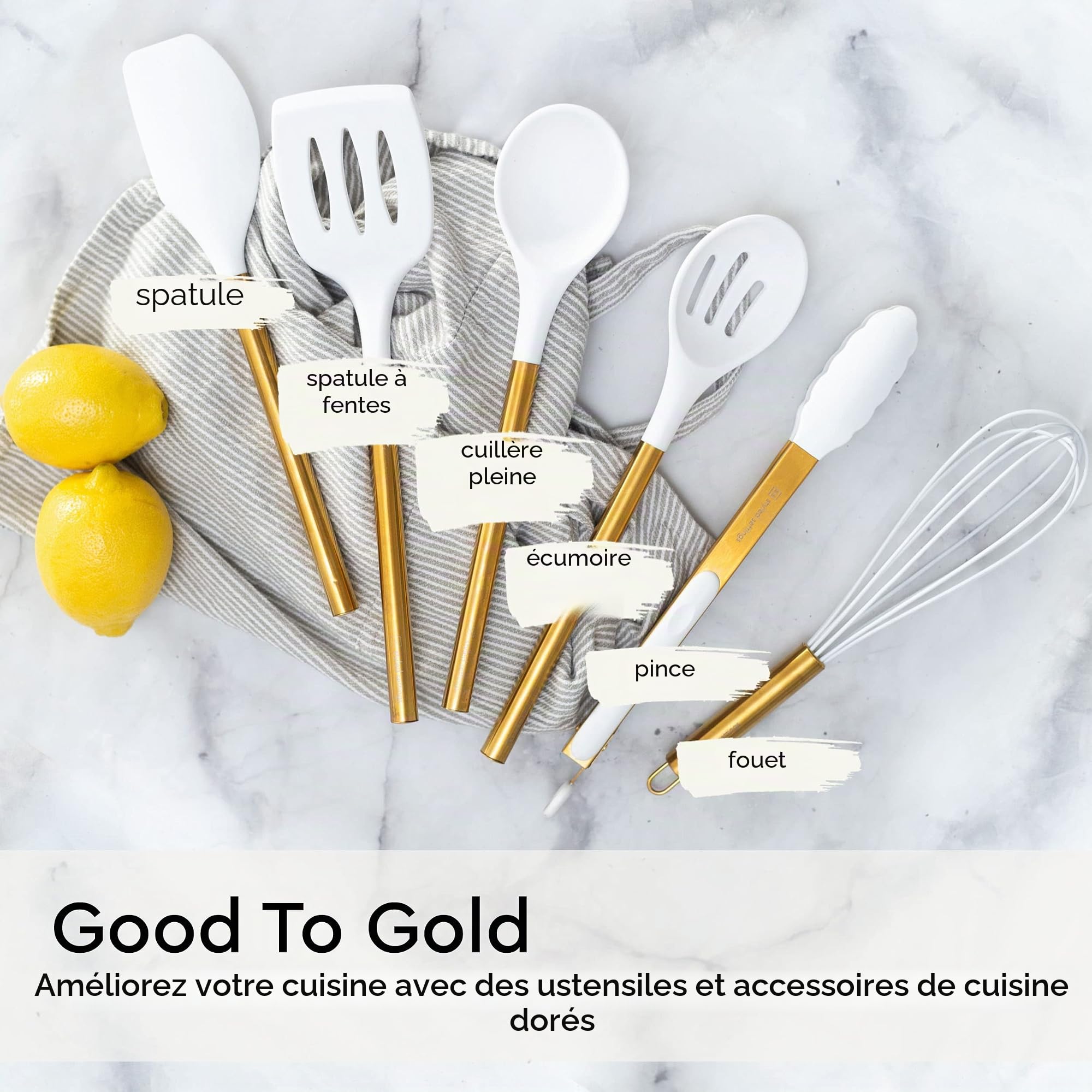 Lot de 6 ustensiles de cuisine dorés en silicone blanc et doré avec spatule, fouet, pince, cuillères, ustensiles de cuisine antiadhésifs - Accessoires de cuisine de luxe pour chefs à domicile
