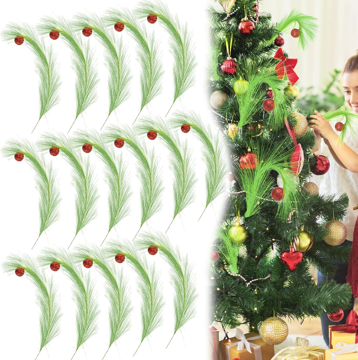 Glitter Ball Spray Grass, Lime Green Curly Xmas Tree Pick Elf Ornaments Stems, Christmas Tree Filler for Party Vase Filler Office Home Decor (16 PCS)