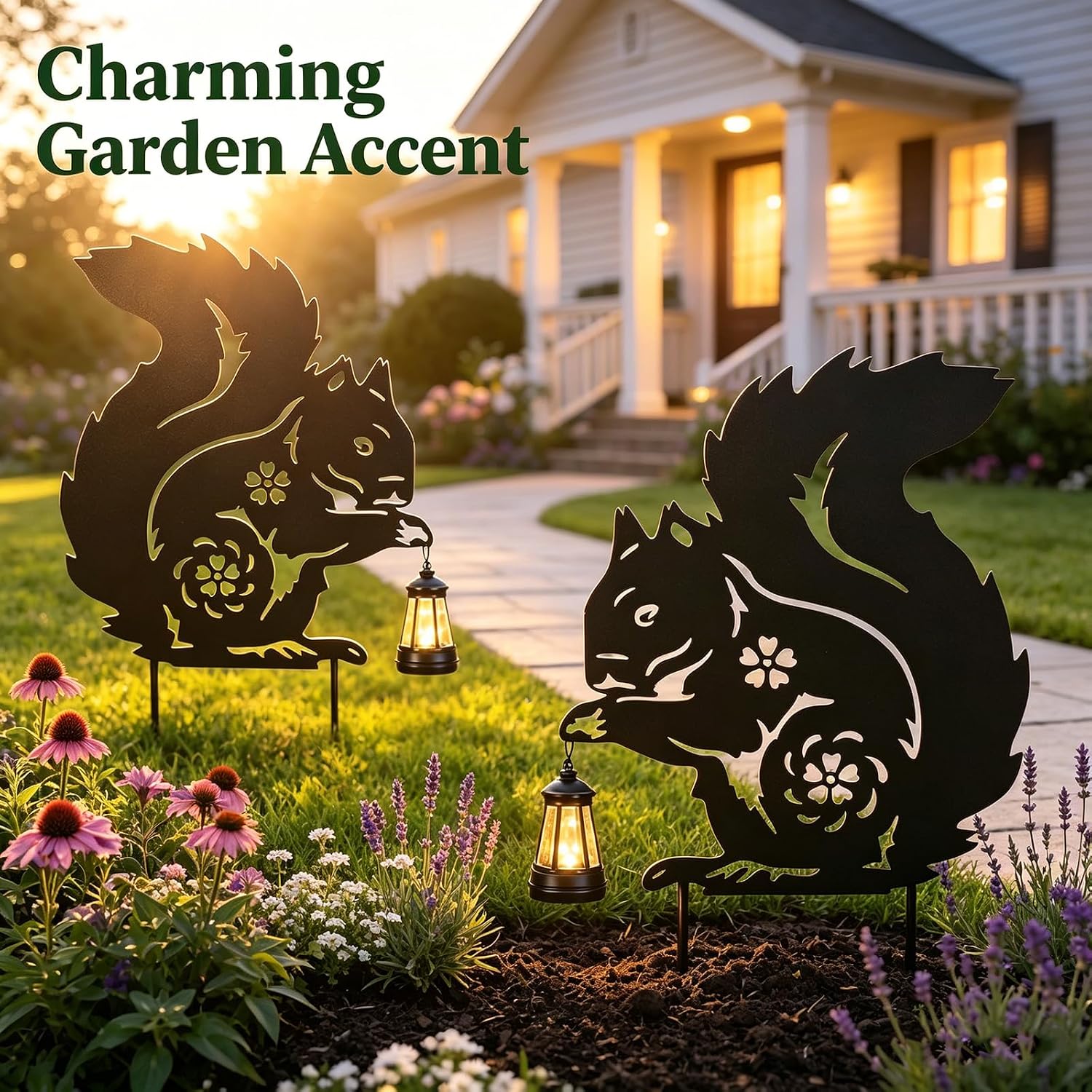 Solar Garden Stake Decorative Lantern for Outdoor, 2 Pack Metal Squirrels Silhouette Lights for Lawn, Pathway, Patio, Yard Outdoor Decor Gifts for Women Mom and Grandma