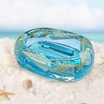 FONMY Soap Dish Acrylic w/Nature Seashell Bar Soap Holder Shower Soap Tray for Home, Camping Travel, Dry Stop soap Saver for Bathroom Vanity Countertop Office Unique Gifts and Home Decoration Blue