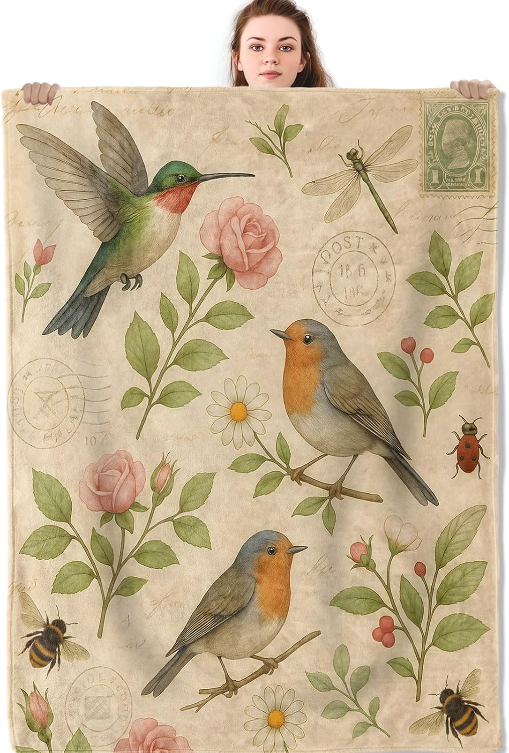 Vintage Bird Floral Blanket, Botanical Nature Flannel Throw Blankets, 50"x60", Soft Warm Lightweight Fuzzy Cozy Throws for Couch Bed Sofa Camping Decorative Gifts for Women Teen Girls, Beige