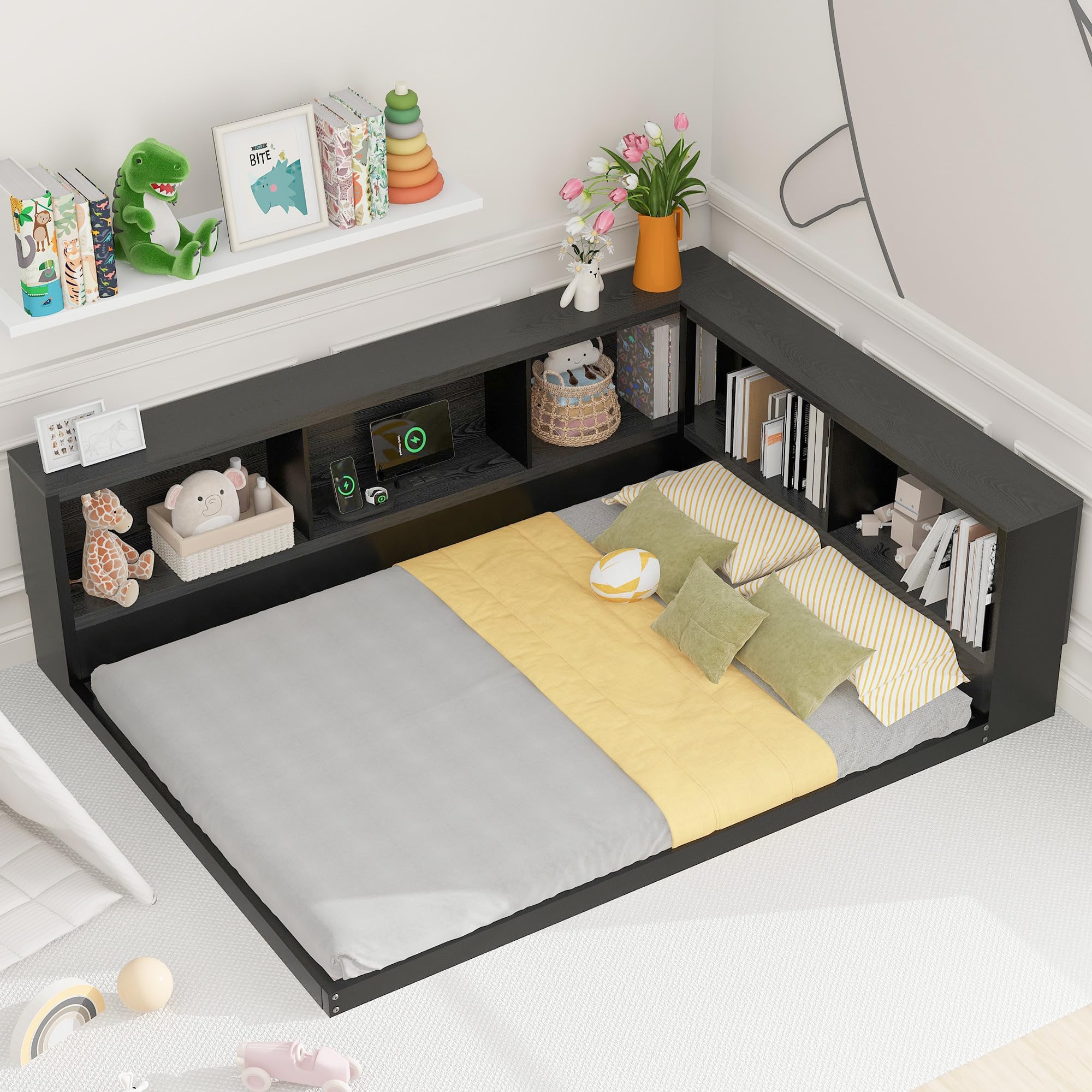 VilroCaz Full Size Daybed with L-shape storage headboard and charging station in a room setting