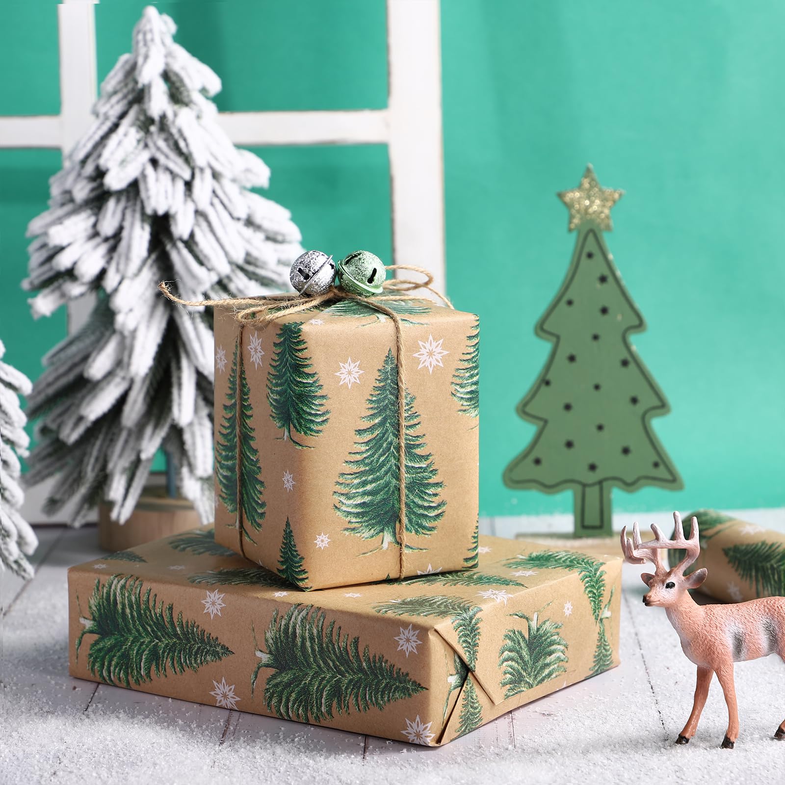 RUSPEPA Carta da regalo natalizia, rotolo di carta kraft, motivo albero di Natale e fiocco di neve, per confezioni regalo festive, 61 cm x 30 m