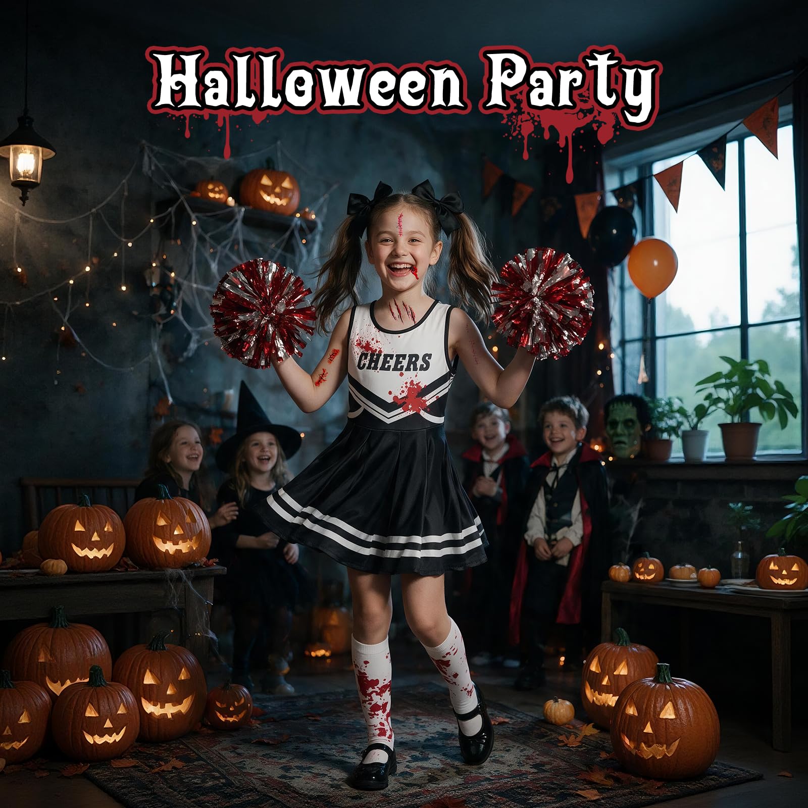 Costume Cheerleader Bambina Viola Nero Bianco, Outfit Cheerleader con Vestito, Pon Pon, Fiocchi per Capelli, Calzini e Tatuaggi, Halloween Carnevale Cosplay, 130(7-9 Anni)
