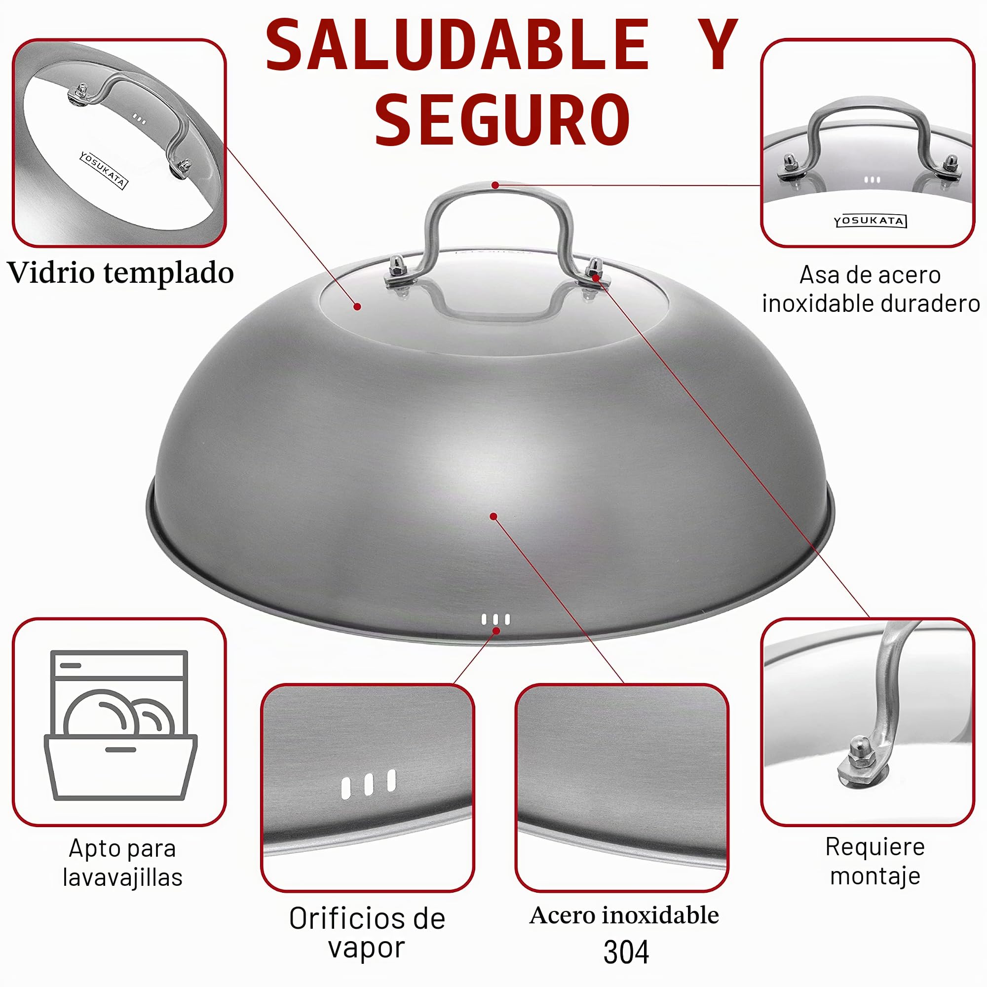 YOSUKATA Sartén Wok de Acero al Carbono 34 cm + Tapa para Wok de Acero Inoxidable de 32,5 cm para wok 34 cm
