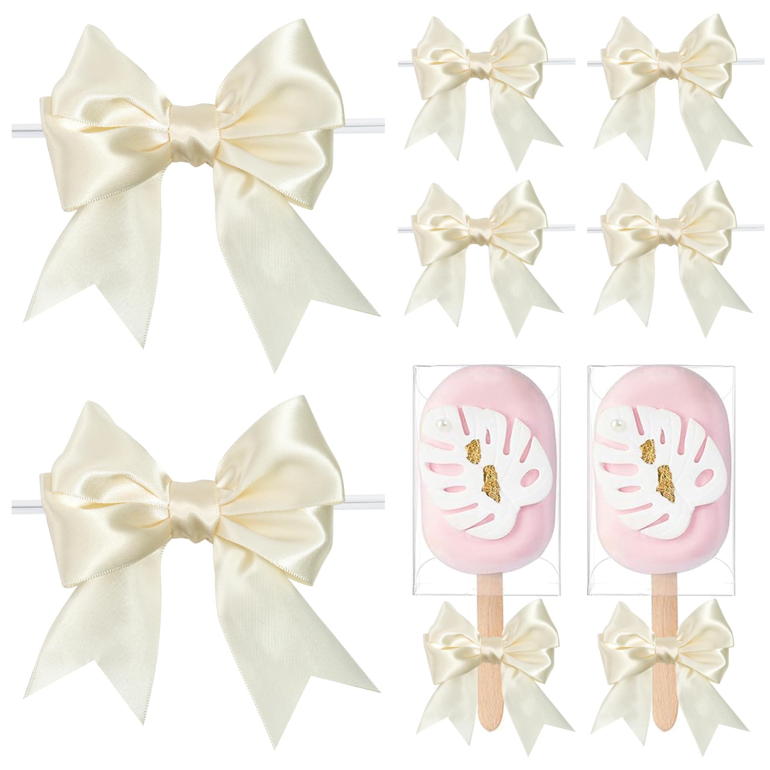 LIZLOVESS Ivory Bows with Twist Ties 3.5 Inch Pre-Tied Double Satin Ribbon Bows for Gift Wrapping, Crafts, Wedding Decor, Treat Bags, Candy Apple,