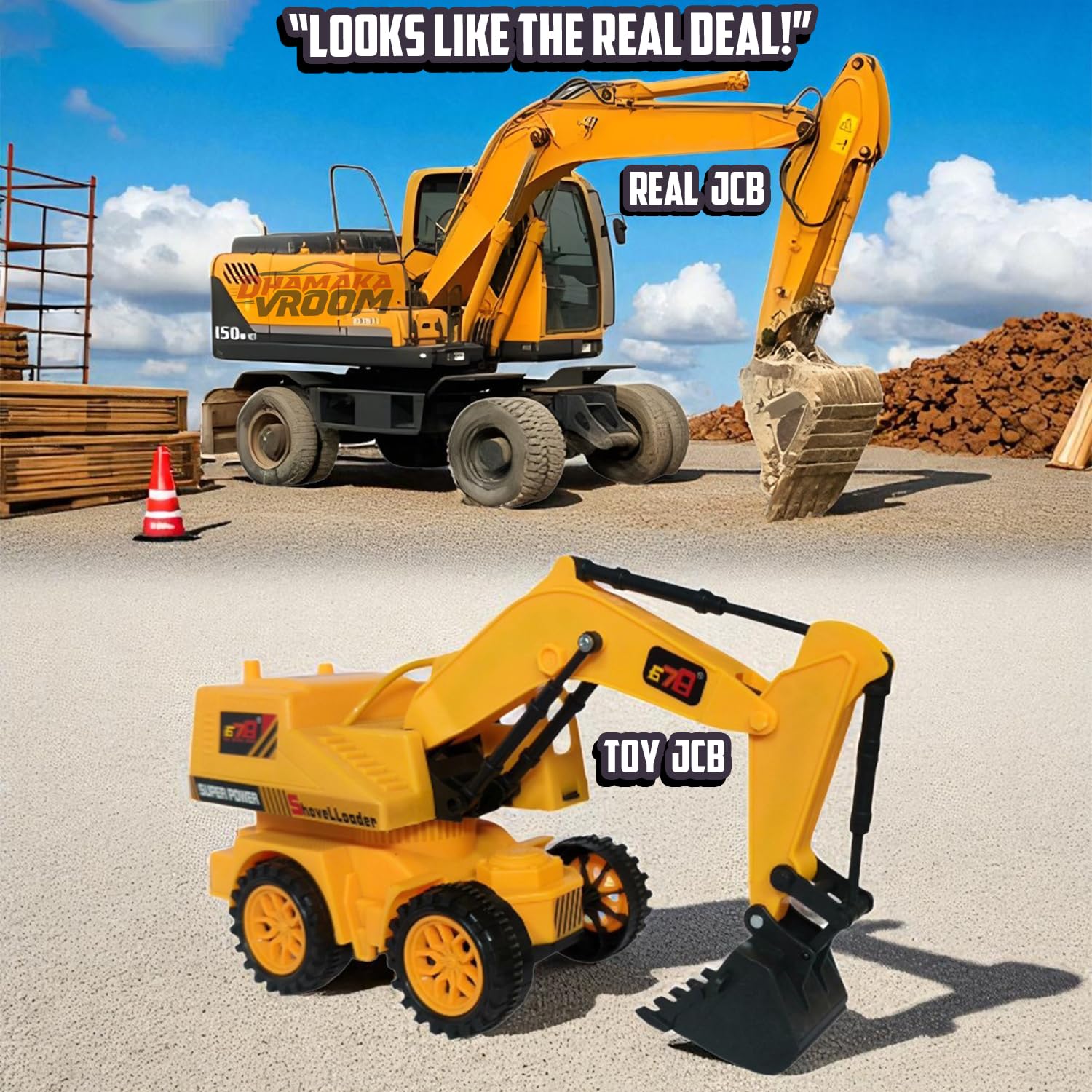 DHAMAKA VROOM Remote Control JCB Digger Toy – USB Rechargeable Excavator Construction Vehicle with 4-Way RC Car, Flashing Lights, Realistic Sound, Moving Shovel Arm for Kids (Model 8037, Yellow) 2