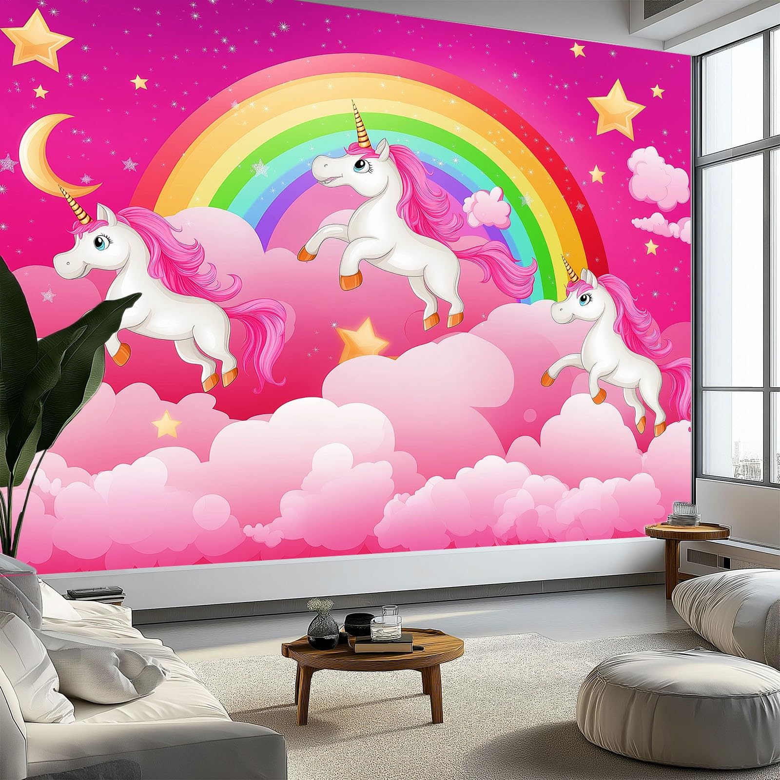 Tapeta ścienna z motywem chmury marzeń, jednorożec, gwiazda, fototapeta, różowa, tapeta z włókniny, dekoracja ścienna, 200 x 140 cm (szer. x wys.), tapeta panoramiczna dla dziewcząt, chłopców, do