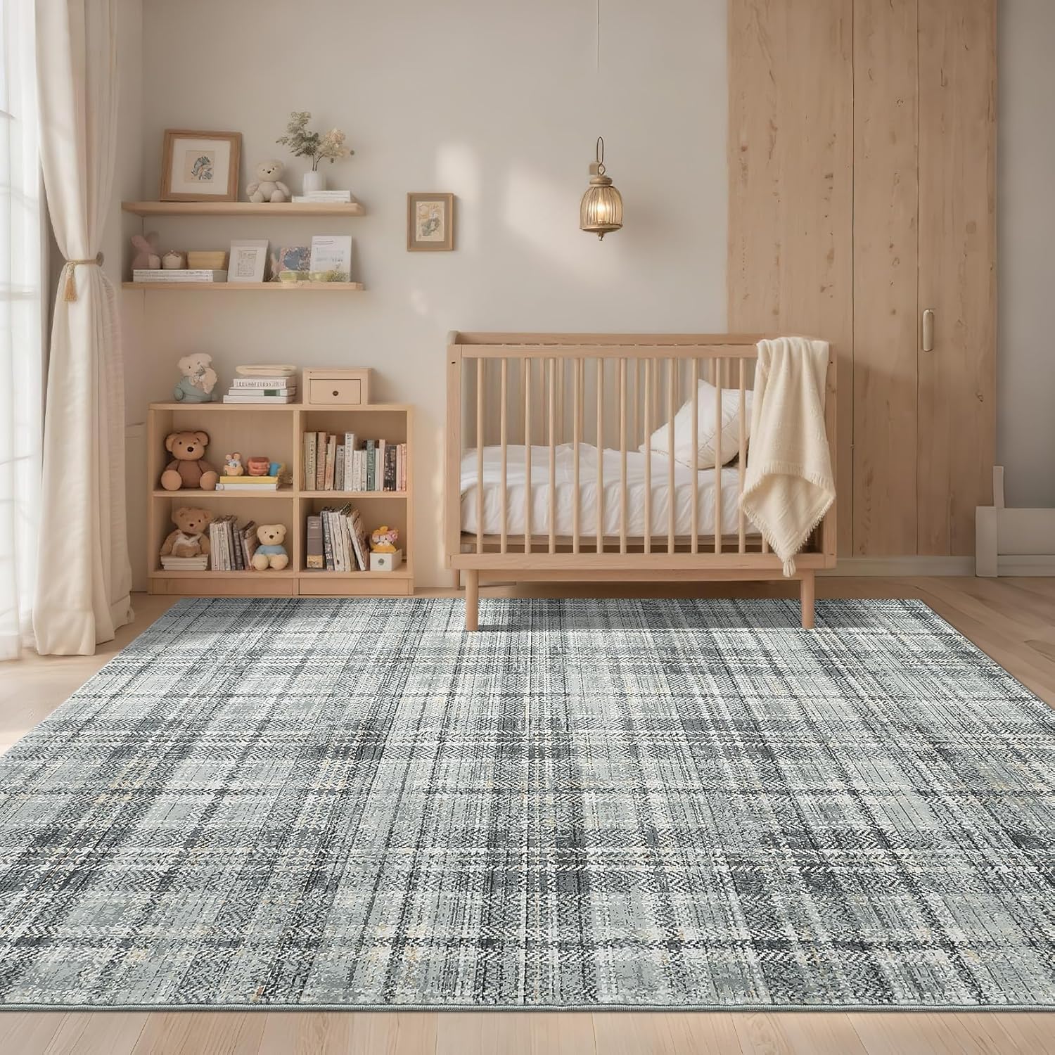 GarveeHome Plaid Area Rug 3x5 Washable Small Non-Slip Entryway Rug, Neutral Farmhouse Living Room Rug Soft Low Pile Stain Resistant Throw Rugs for Entrance Hallway Bedroom Kitchen Nursery, Green