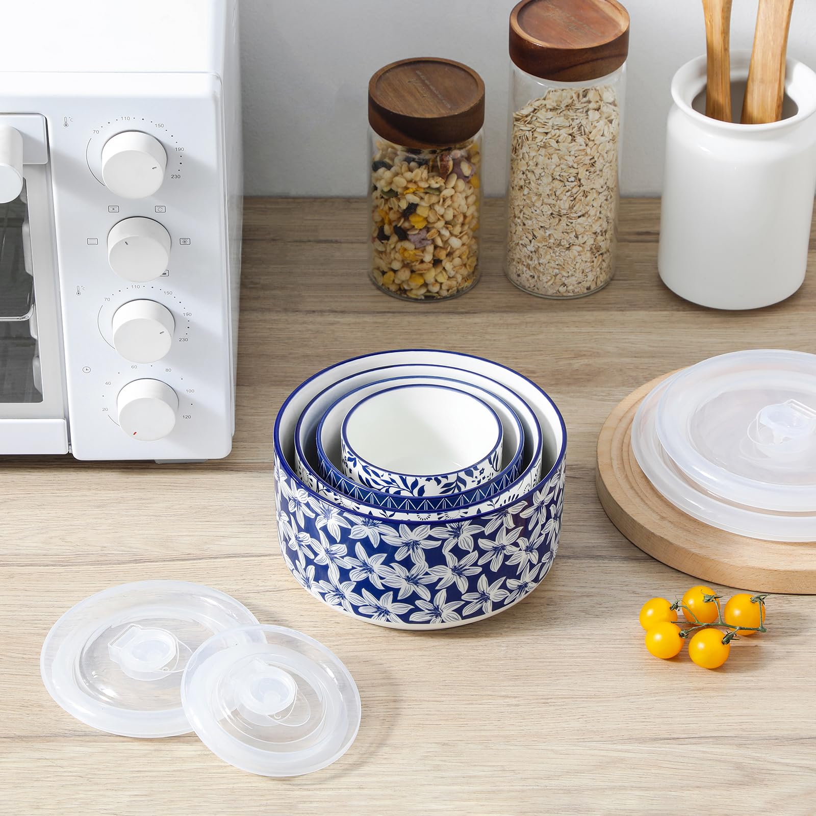 Salatschüssel mit Deckel 4 teilig, vancasso Müslischalen Keramik, Servierschalen Blau-Weiß, Schüssel mit Deckel für Müsli, Salat, Suppe, Ramen