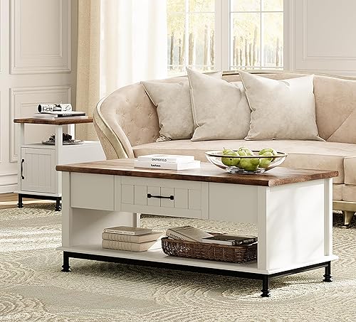 WAMPAT Mesa de centro blanca moderna de granja con patas de matel negro, mesa central rectangular de madera con 1 cajón de almacenamiento para sala