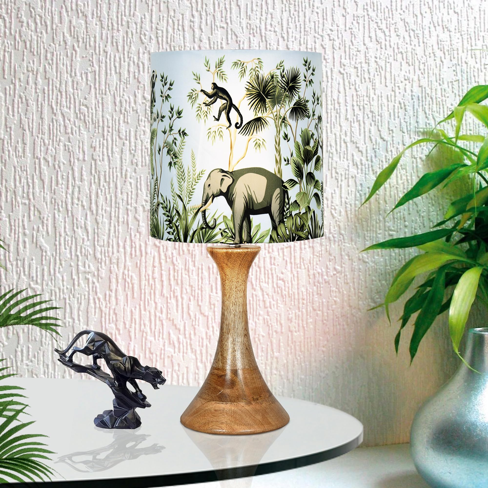 Rustic Wood Table Lamp Bedside Wooden Desk Lamps for Living Bedroom Study Night, House Warming Diwali Gift, Fabric Shade, The Jungle (Green)-image-13