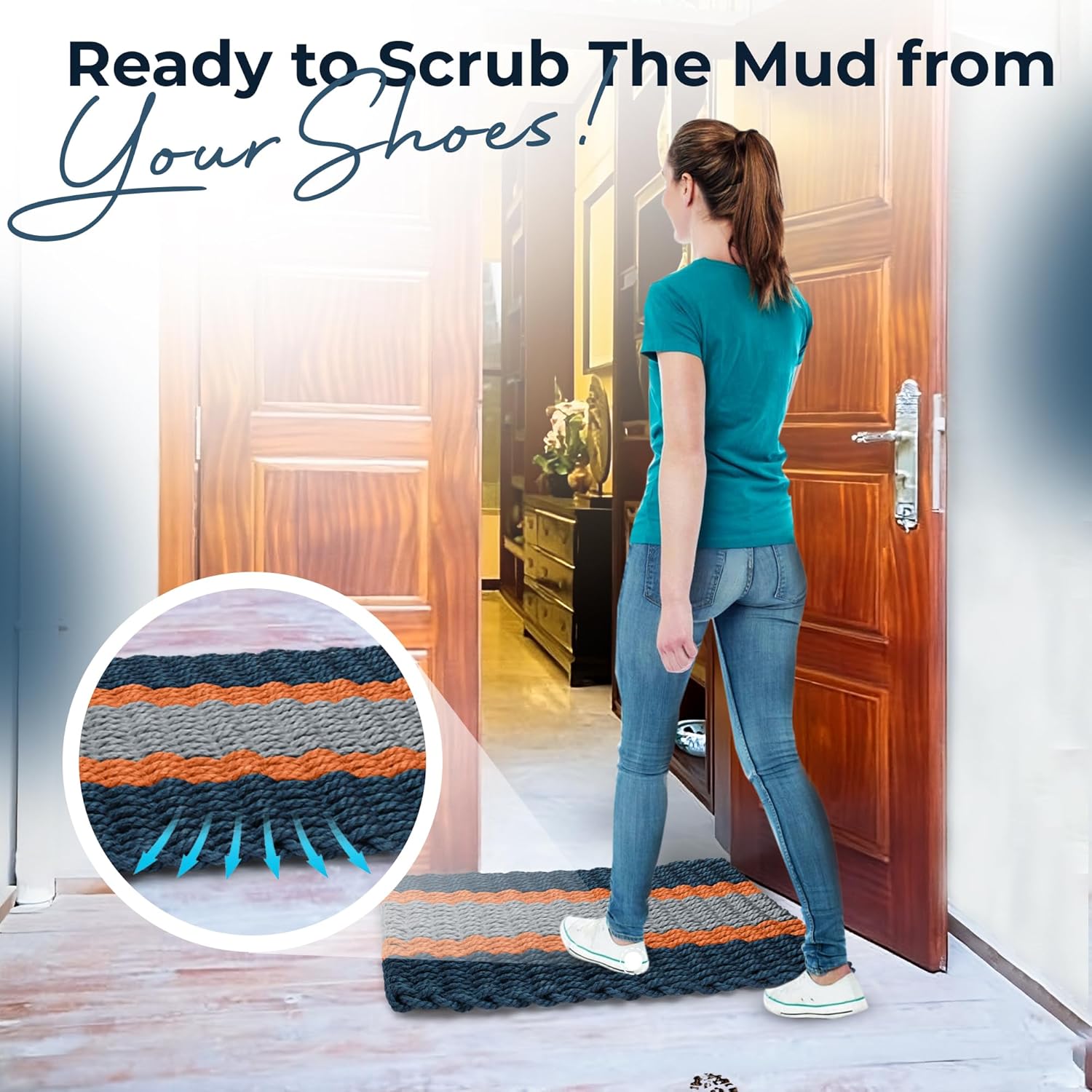 Outdoor Door Mat, The Original Lobster Rope Doormat, All Weather Mats, Woven Door Mat from Nautical Rope, Front Door Welcome Mats, (Navy, Orange, Silver, 18 x 30)