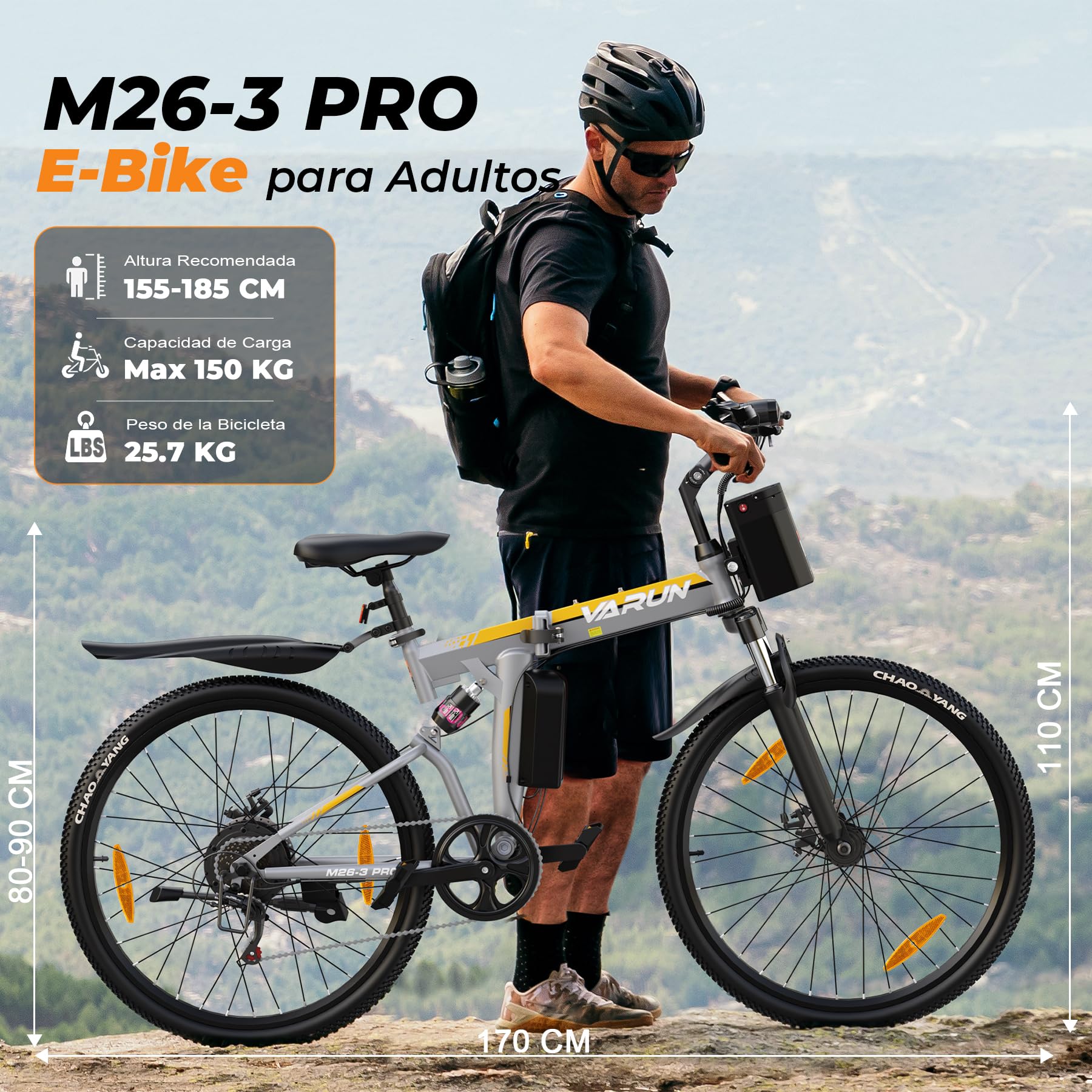 VARUN 26'' Bicicleta Electrica Plegable, 48V 374.4Wh Batería Extraíble | Motor de 250W 55Nm, 25km/h, Suspensión Total E Bike,Bici Electrica Montaña de 7 Velocidades, Apto para Ciudad/Montaña/Grava