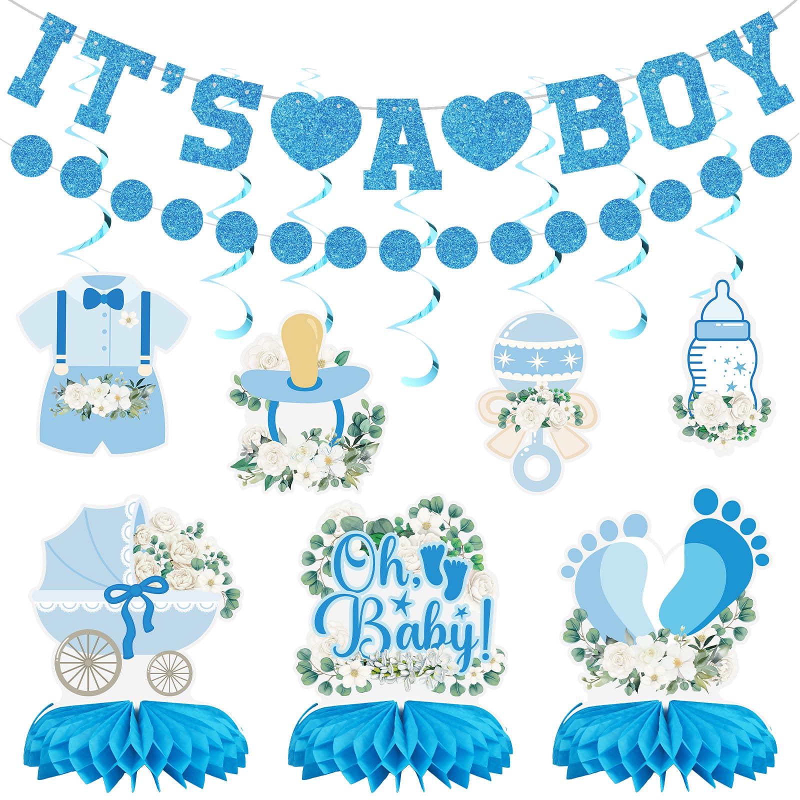 9 Pack It's A Boy Baby Shower Decorations Blue Banner Spiral Party Supplies
