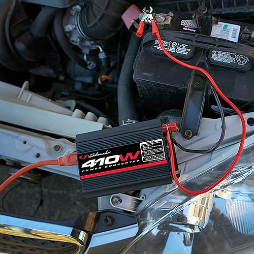Miniatura 2 de Schumacher XI41B 'X-Line' convertidor de potencia de 410 vatios, con pinzas para la batería, y enchufe adaptador macho de 12 voltios.