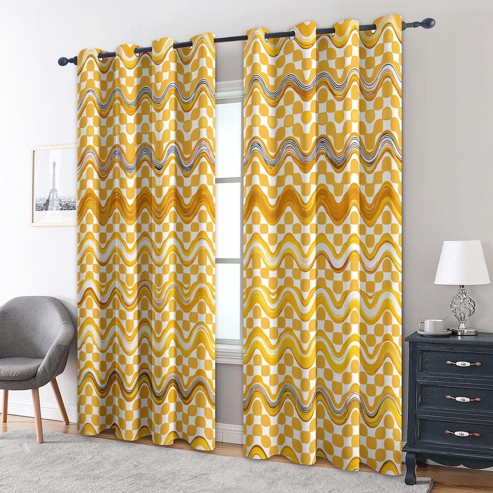 Generisch Vintage 70er Jahre Vorhänge Blickdicht mit Ösen, Fenster Thermo Gardinen Streifen Abstrakt Muster Schlafzimmer Wohnzimmer Deko, Verdunkelungsvorhänge 2er Set H160 x B140 E&1840