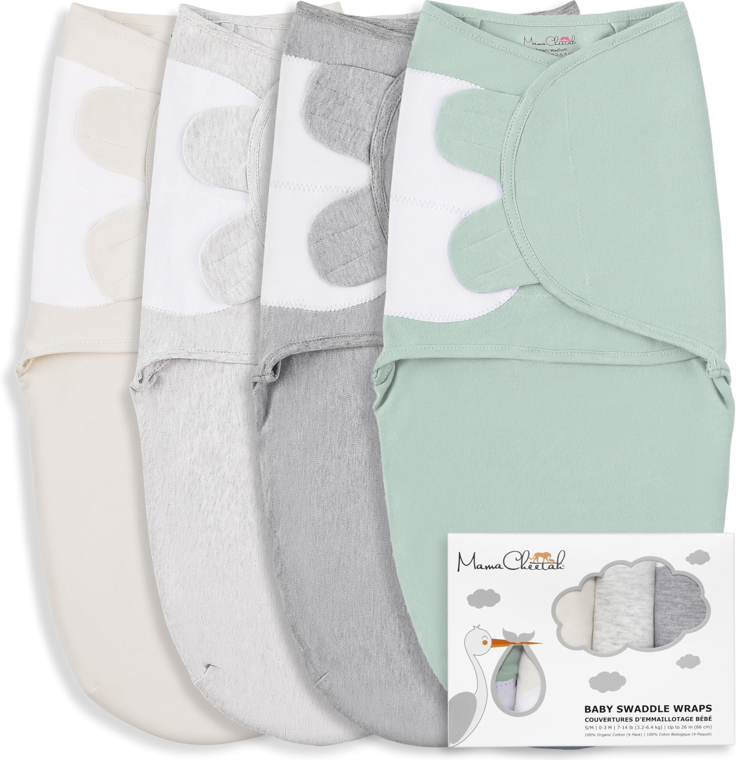Mama Cheetah Baby Swaddle Sack, Organic Cotton Swaddle Blanket, Adjustable Swaddle Sleep Sacks, Easy Swaddles for Boy Girl 0-3 Month, Baby Essentials, 4-Pack